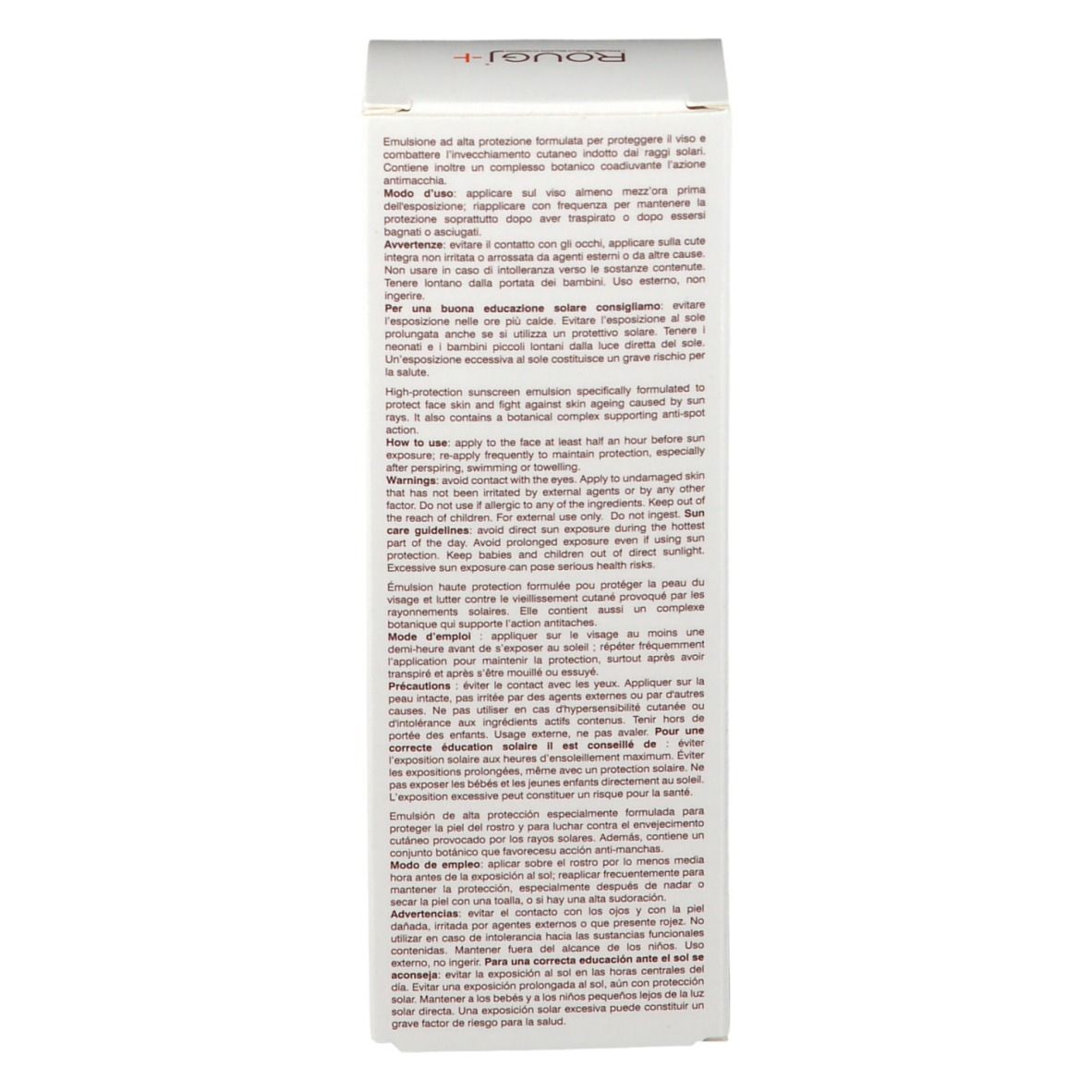 Confezione ROUGJ+, retro. Testo multilingue. Informazioni per l'uso e avvertenze.