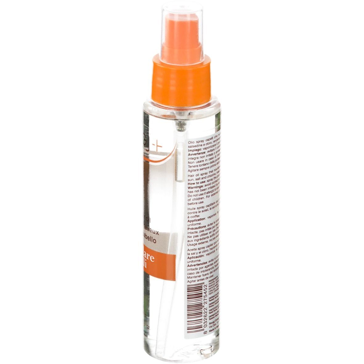 Retro del flacone spray trasparente. Testo multilingue. Codice a barre.