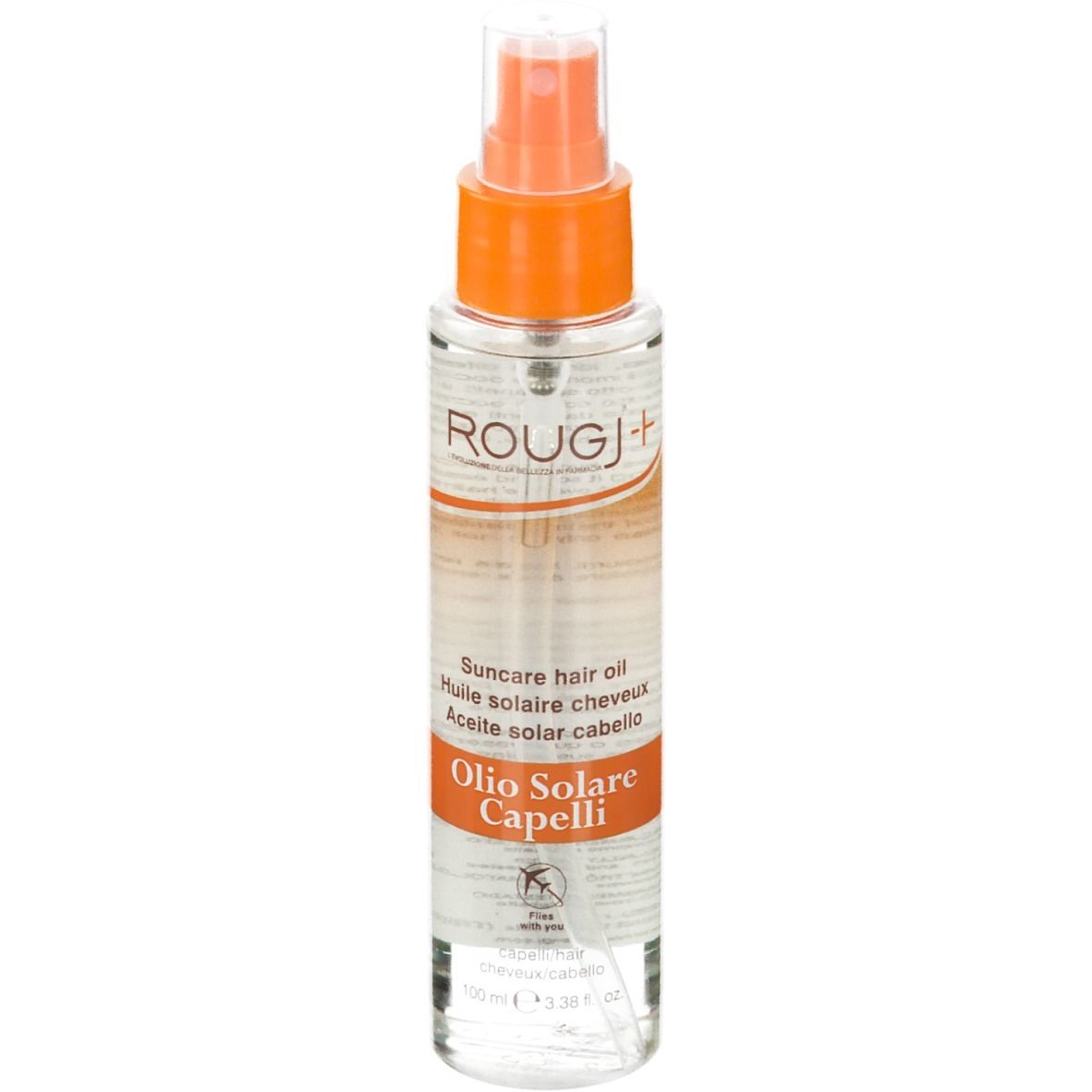 Flacone spray trasparente con erogatore arancione. Scritta: ROUGJ+, Olio Solare Capelli.