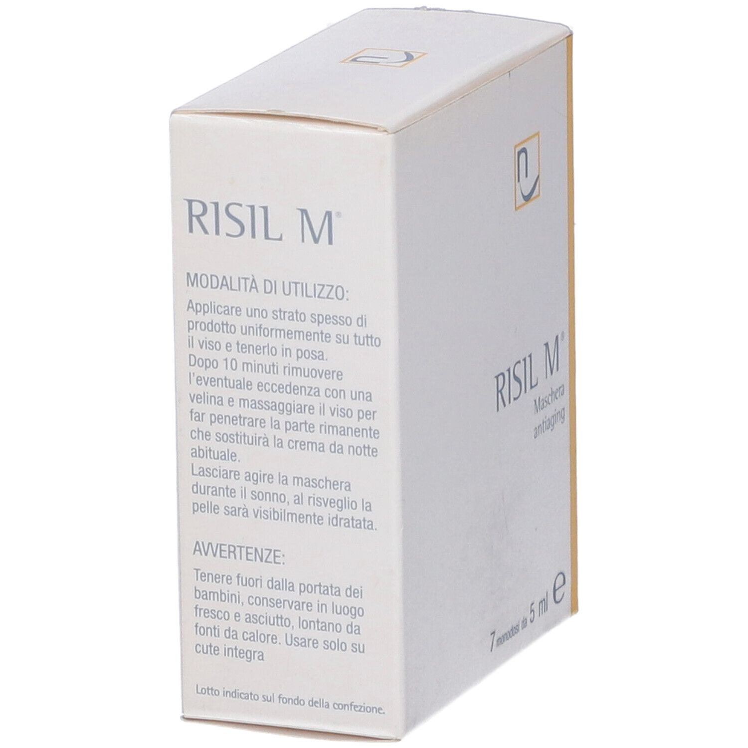 Scatola Risil M, retro con istruzioni per l'uso. Testo in italiano.