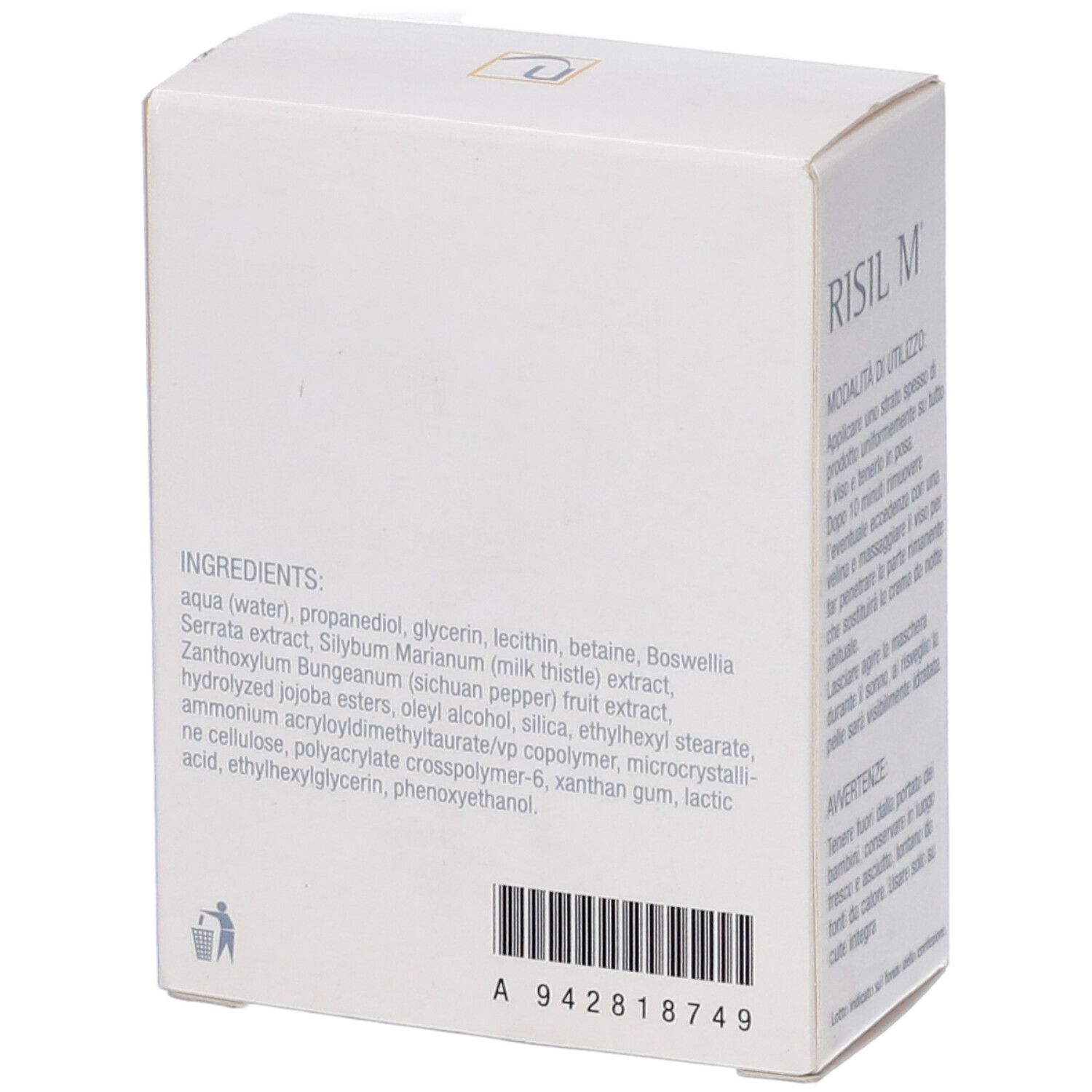 Scatola Risil M, retro con ingredienti. Testo in italiano. Codice a barre.