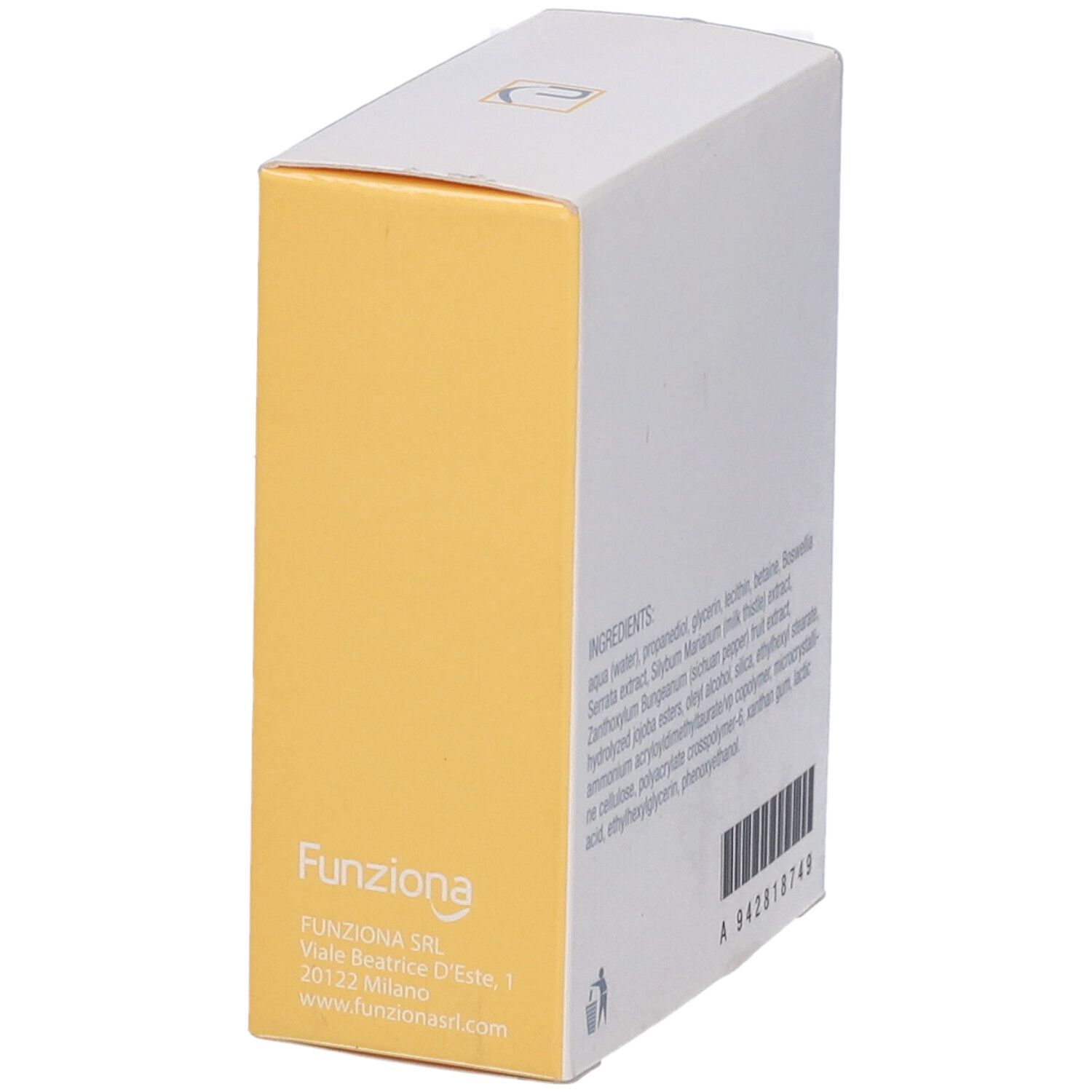 Scatola Risil M, lato giallo con logo e indirizzo aziendale. Testo in italiano.