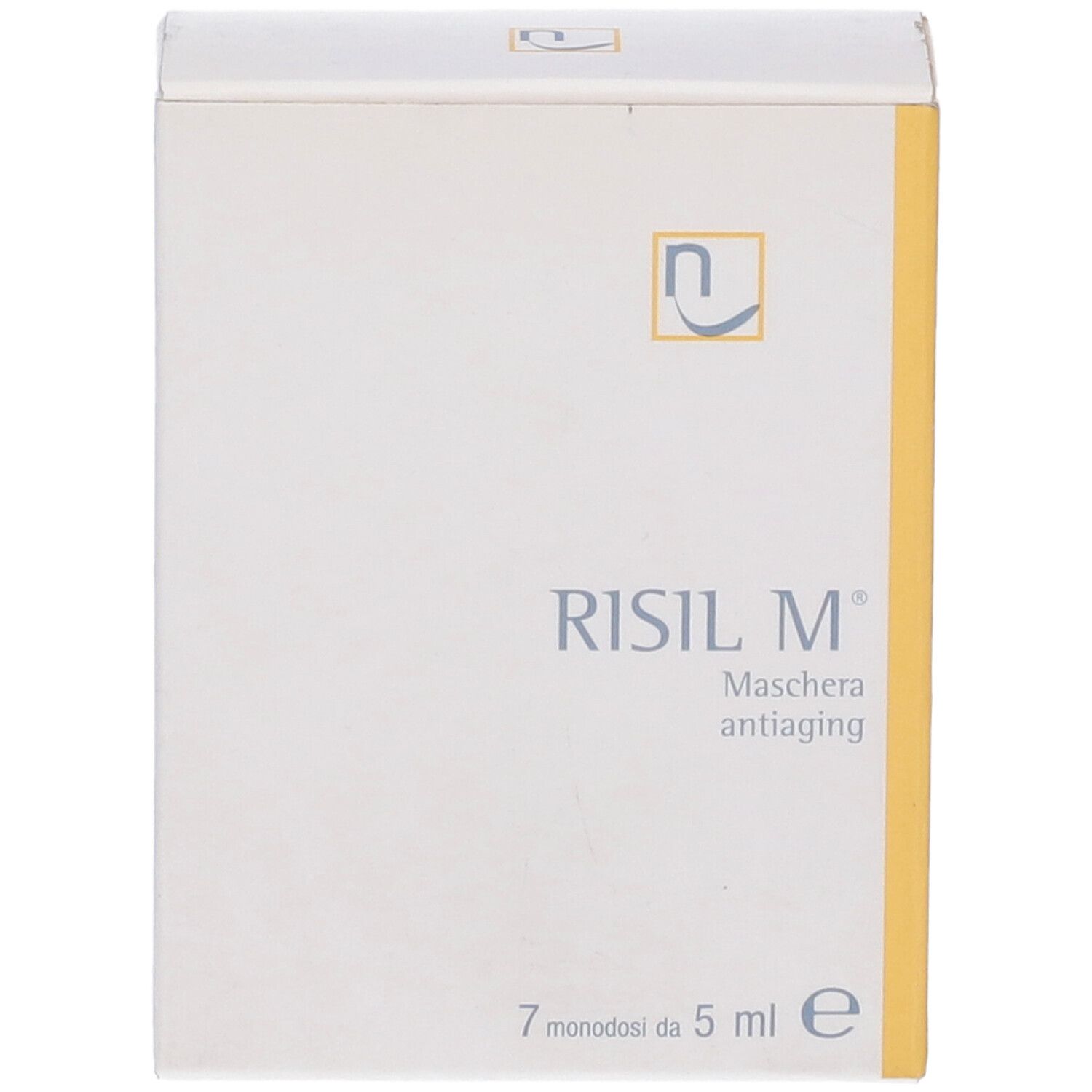 Scatola Risil M, bianca con lato giallo. Logo e scritta Risil M. 7 monodose da 5 ml.