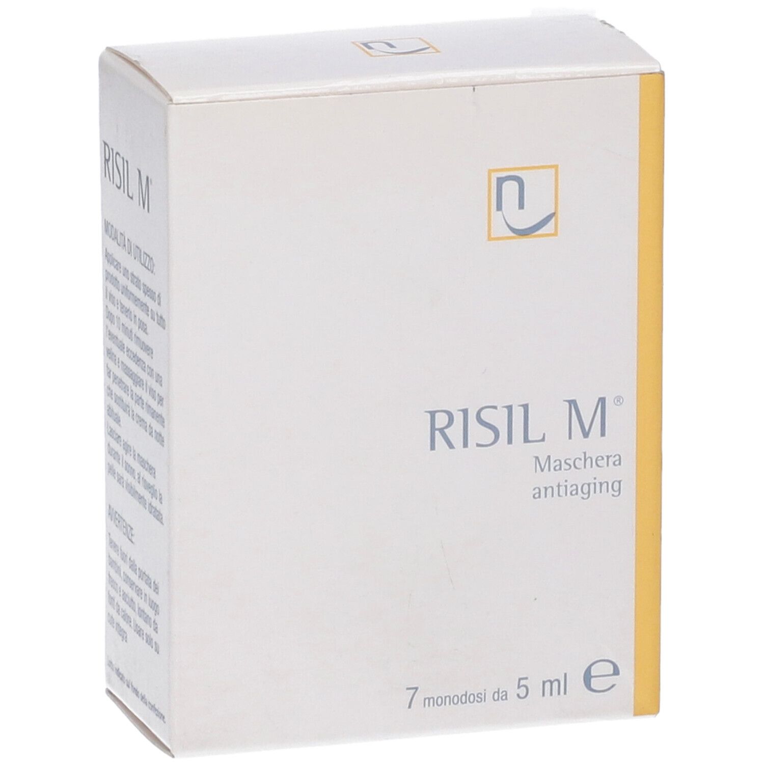Scatola Risil M, bianca con lato giallo. Logo e scritta Risil M. 7 monodose da 5 ml.