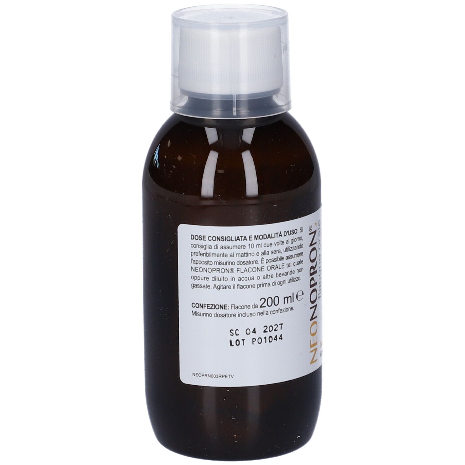Flacone marrone con tappo bianco. Etichetta con informazioni sul prodotto. Scritto: 200 ml, SC 04 2027, LOT P01044.