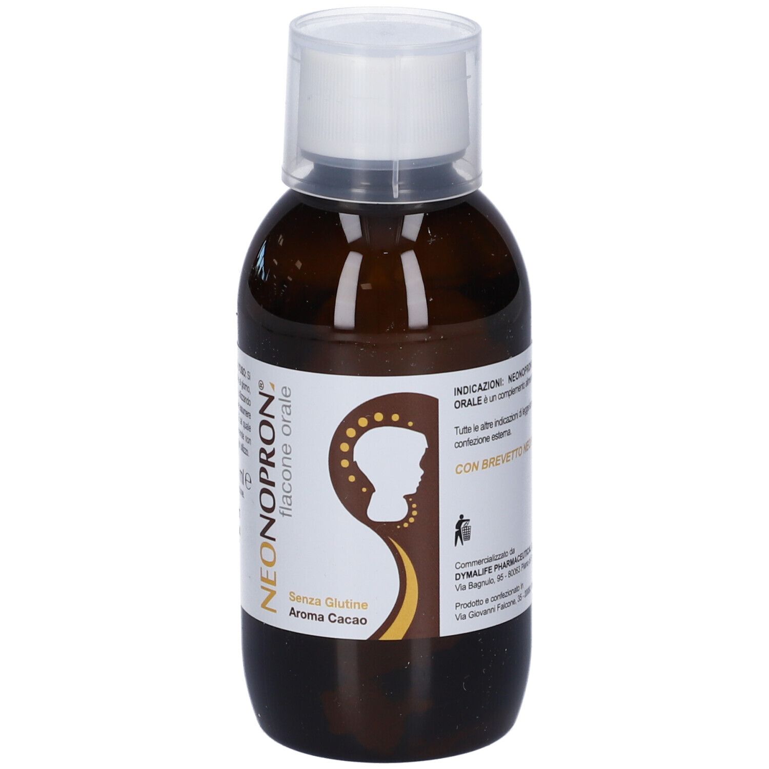Flacone marrone con tappo bianco. Etichetta con nome e logo del prodotto. Scritto: Aroma Cacao, senza glutine.