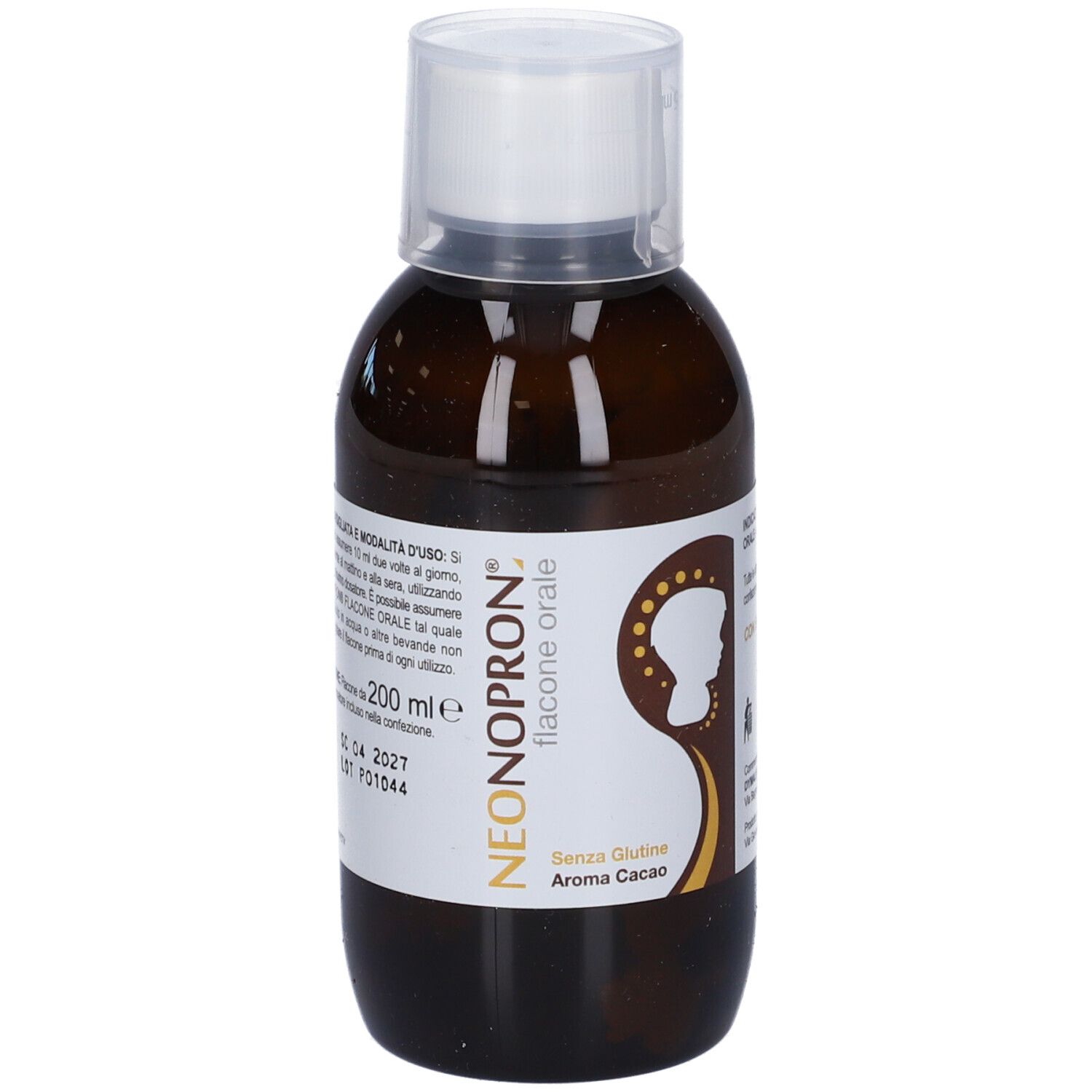 Flacone marrone con tappo bianco. Etichetta con informazioni e logo del prodotto. Scritto: 200 ml, Aroma Cacao, senza glutine.