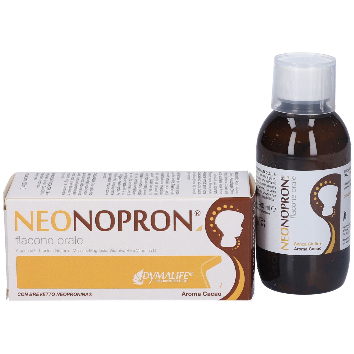 Flacone marrone e scatola. Scritto: NEONOPRON flacone orale. Scatola con logo e informazioni sul prodotto.