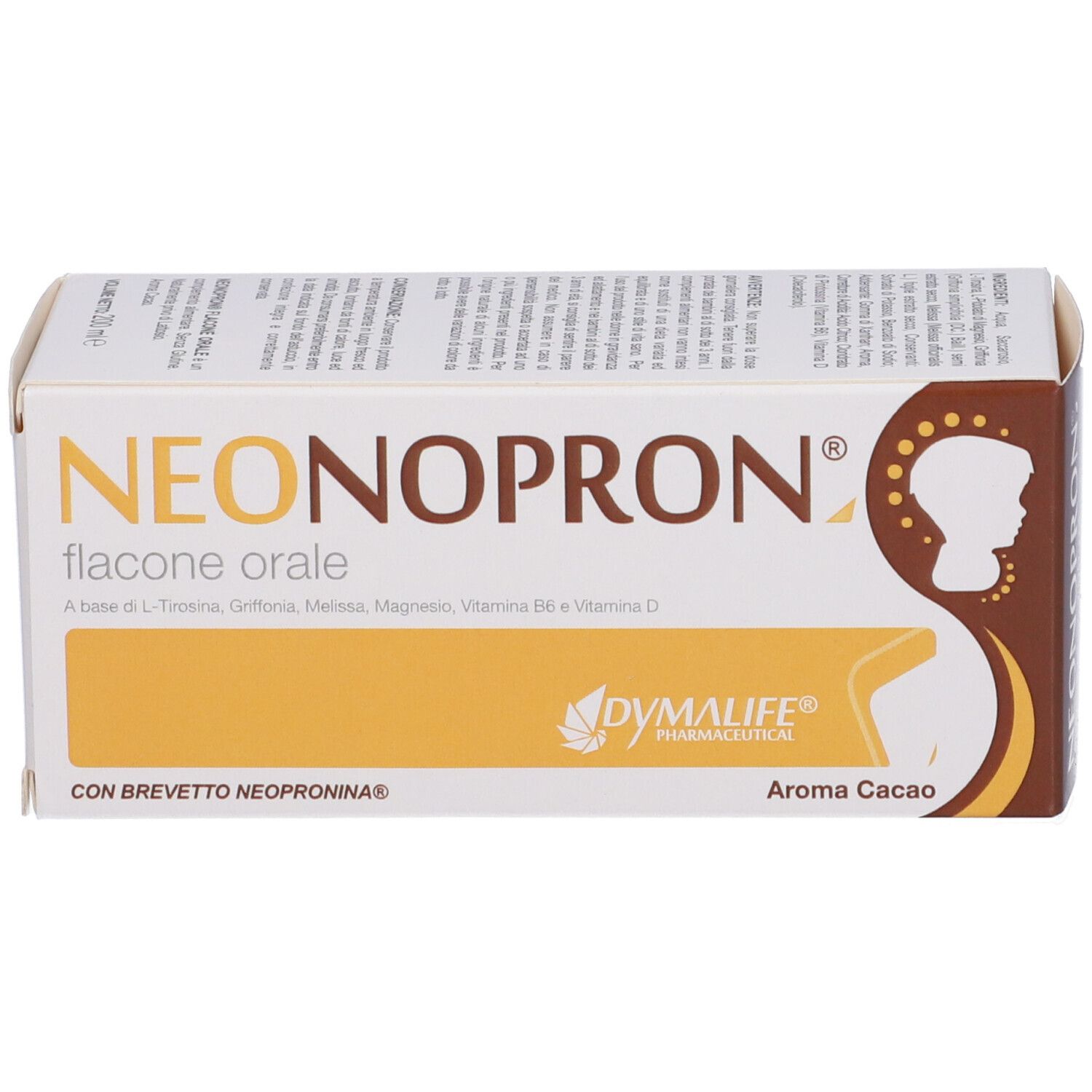 Scatola con nome e logo del prodotto. Scritto: NEONOPRON flacone orale. Con ingredienti e logo.