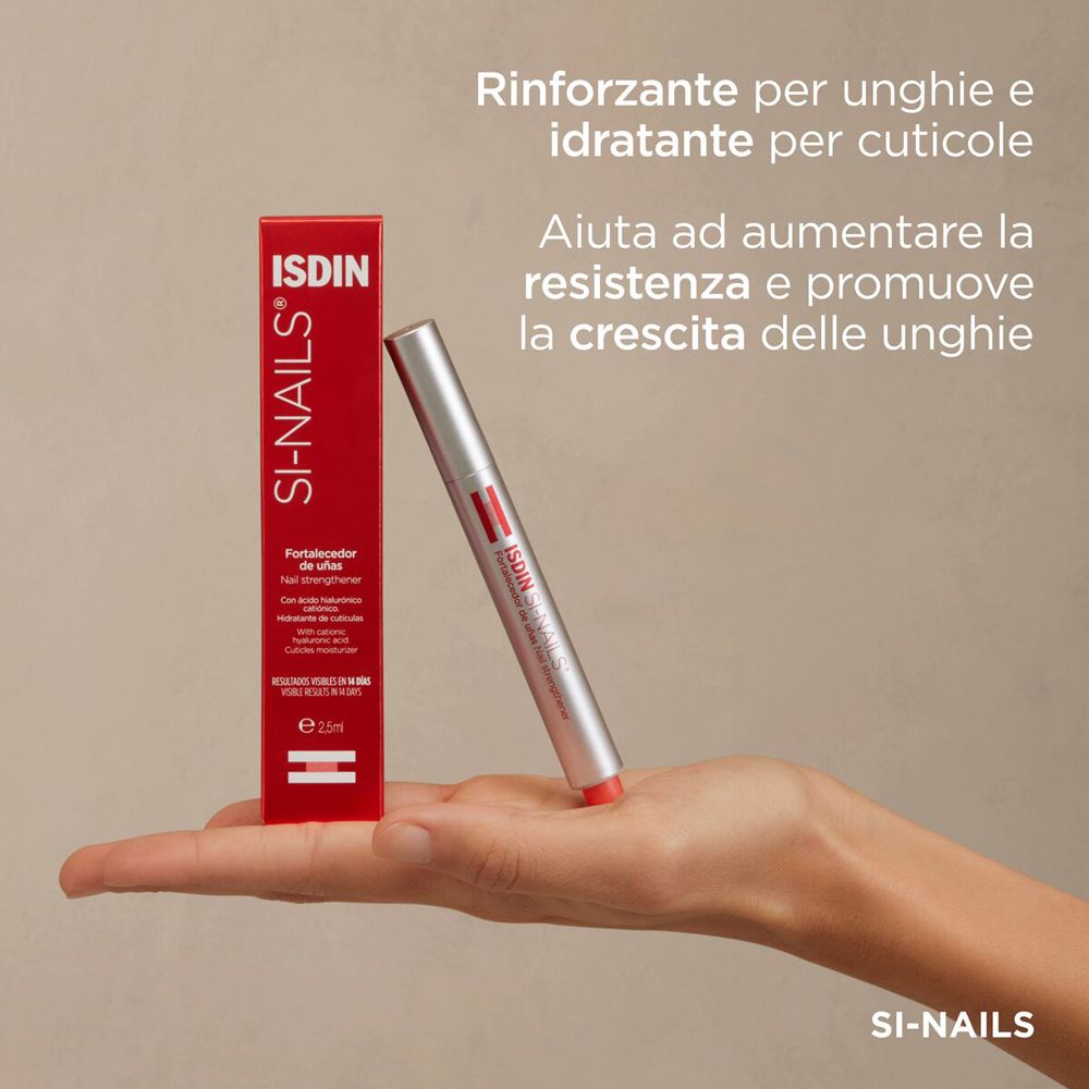 Prodotto e confezione. Scatola rossa con penna. ISDIN Si-Nails. Rinforzante unghie.