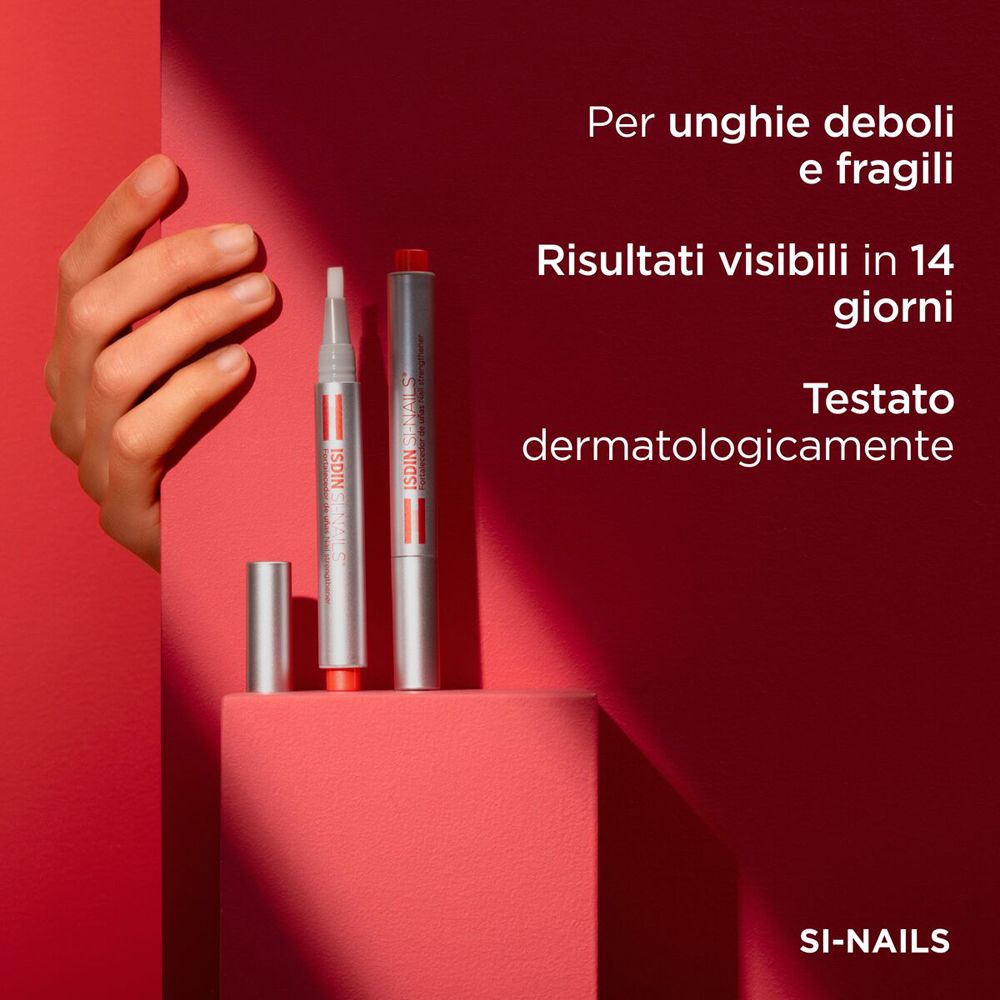 Prodotto e accessori. Due penne, cappuccio. ISDIN Si-Nails. Dermatologicamente testato.
