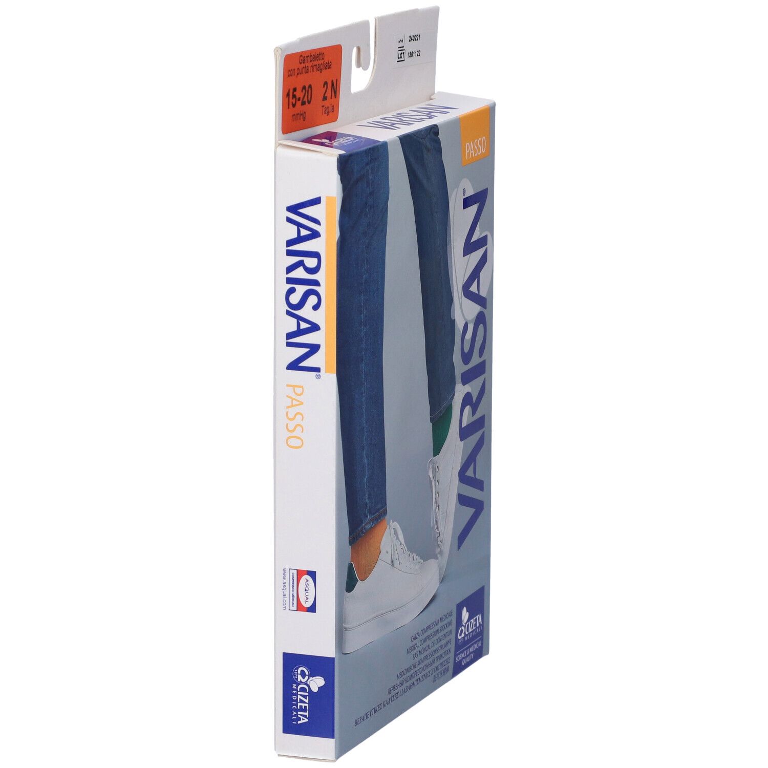 Vista laterale della confezione calze a compressione VARISAN PASSO. Immagine gambe con calze.