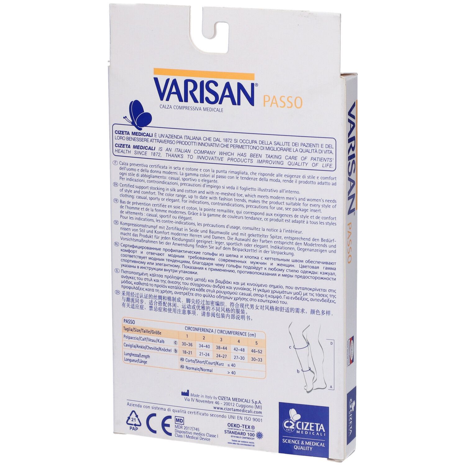 Retro della confezione con testo e informazioni prodotto. Marchio VARISAN PASSO. Marchio CE.