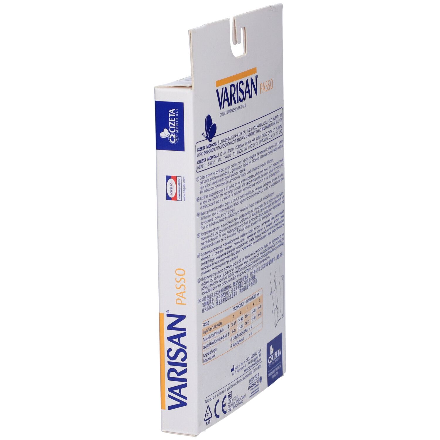 Vista laterale della confezione con testo e informazioni prodotto. Marchio VARISAN PASSO. Marchio CE.