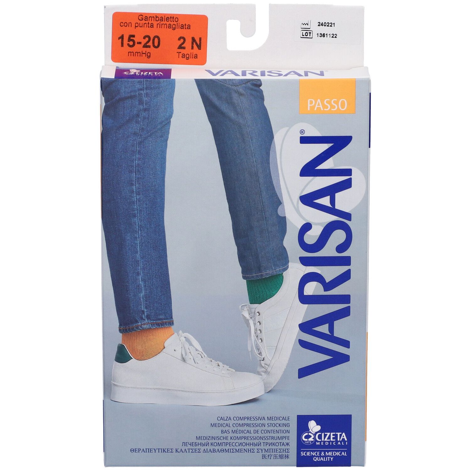 Confezione calze a compressione VARISAN PASSO. Scritto: 15-20 mmHg, Gambaletto. Immagine gambe con calze.
