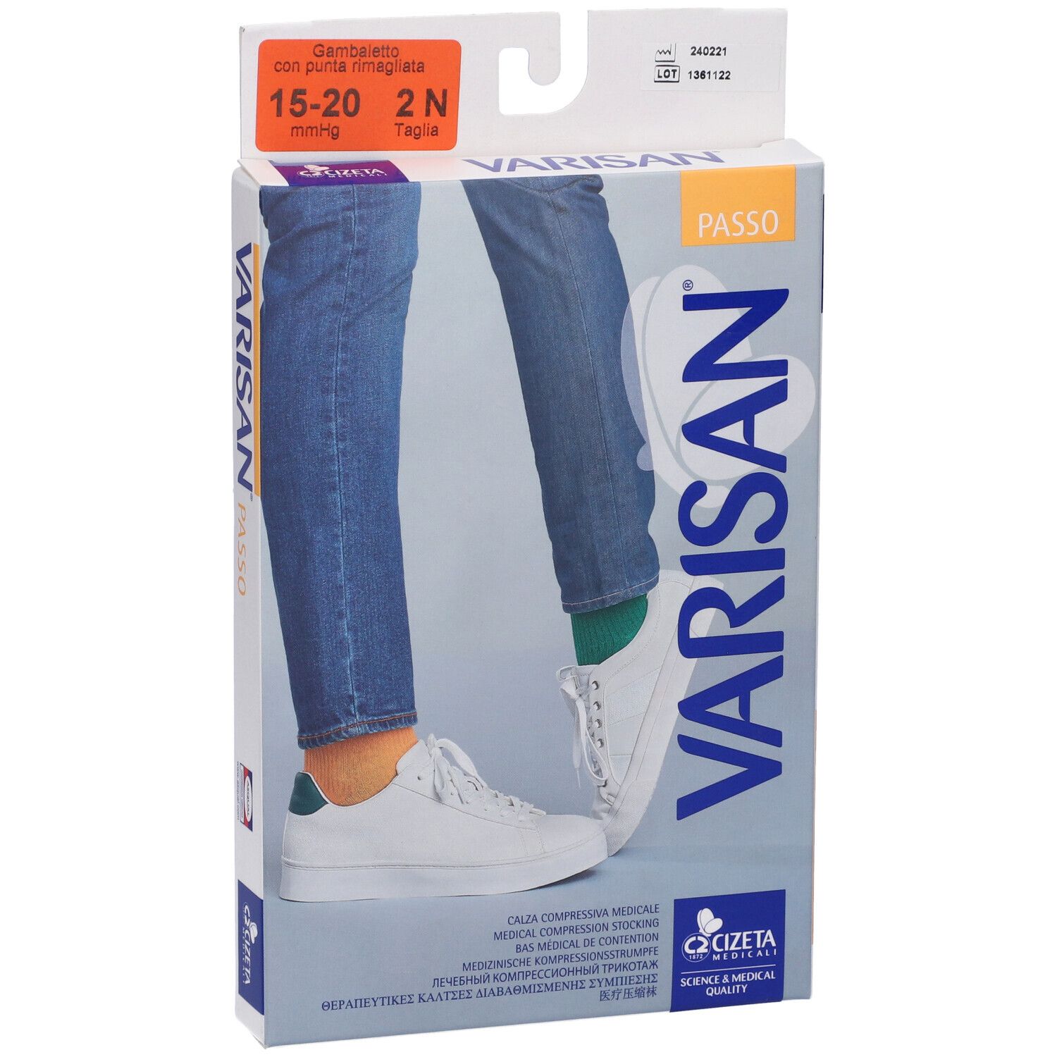 Confezione calze a compressione VARISAN PASSO. Scritto: 15-20 mmHg, Gambaletto. Immagine gambe con calze.