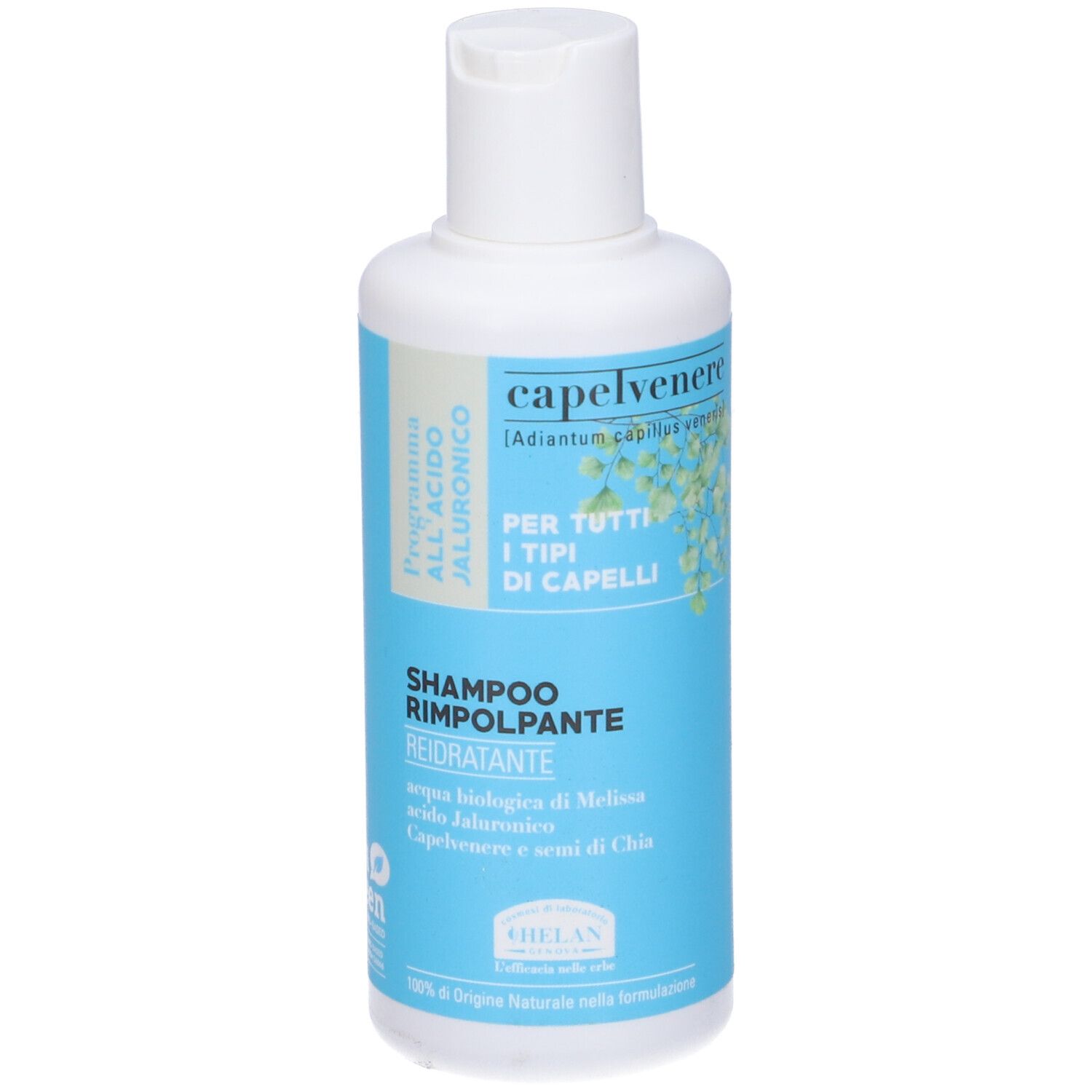 Flacone Capelvenere Bioshampoo Rimpolpante. Tappo bianco, etichetta blu. Testo: Shampoo Rimpolpante, Acido Ialuronico.