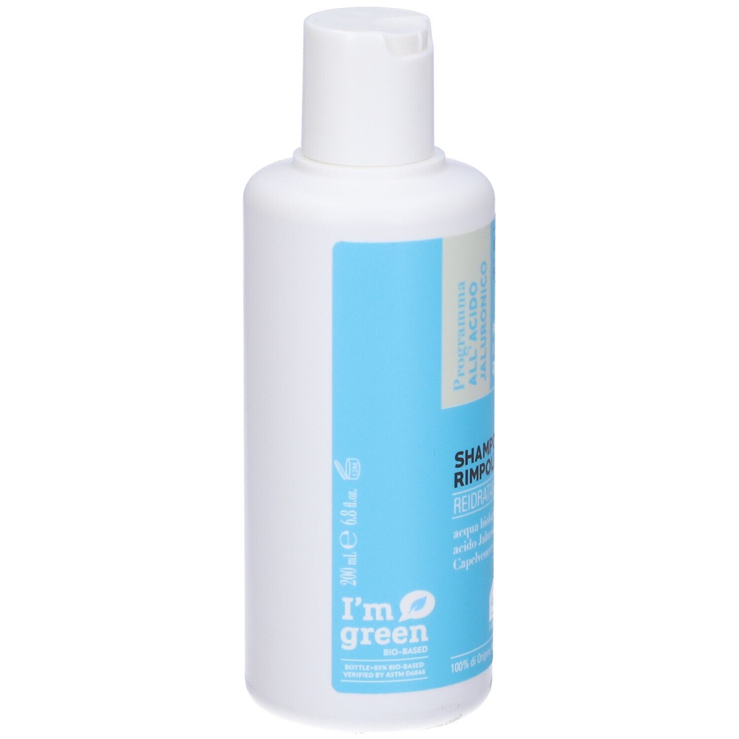 Flacone Capelvenere Bioshampoo Rimpolpante. Tappo bianco, etichetta blu. Testo: Shampoo Rimpolpante, Acido Ialuronico.