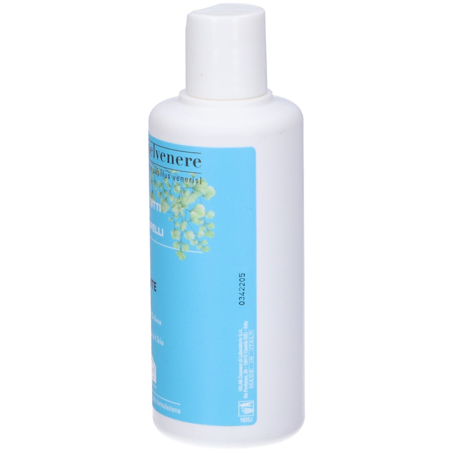 Flacone Capelvenere Bioshampoo Rimpolpante. Tappo bianco, etichetta blu. Testo: Shampoo Rimpolpante, Acido Ialuronico.