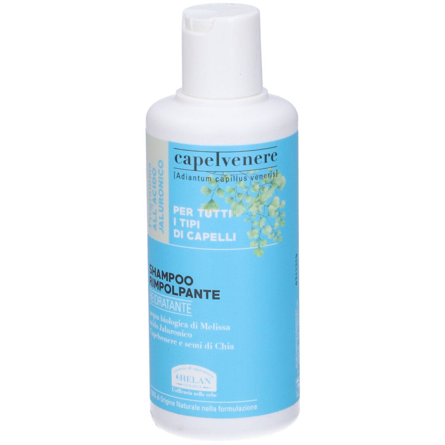 Flacone Capelvenere Bioshampoo Rimpolpante. Tappo bianco, etichetta blu. Testo: Shampoo Rimpolpante, Acido Ialuronico.