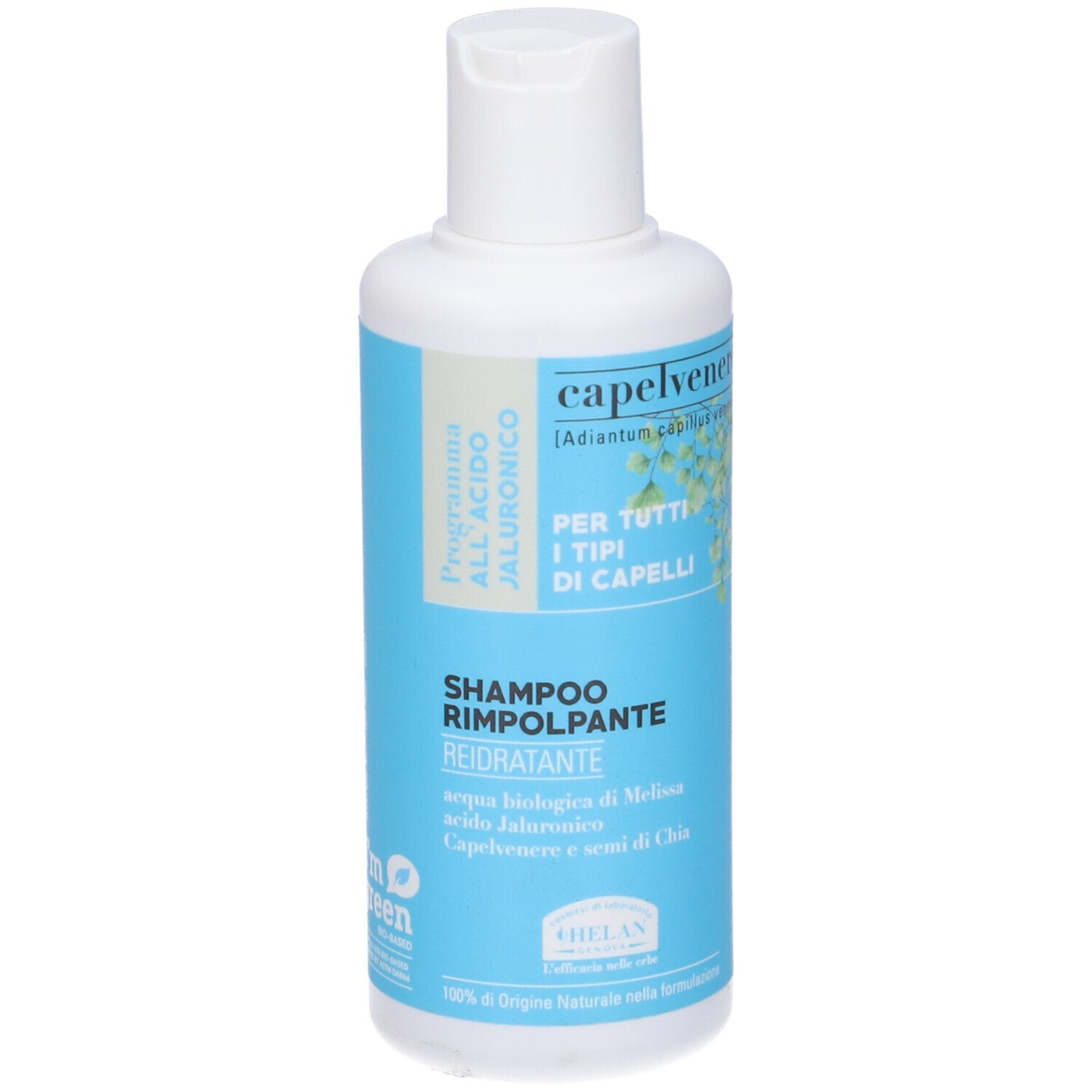 Flacone Capelvenere Bioshampoo Rimpolpante. Tappo bianco, etichetta blu. Testo: Shampoo Rimpolpante, Acido Ialuronico.
