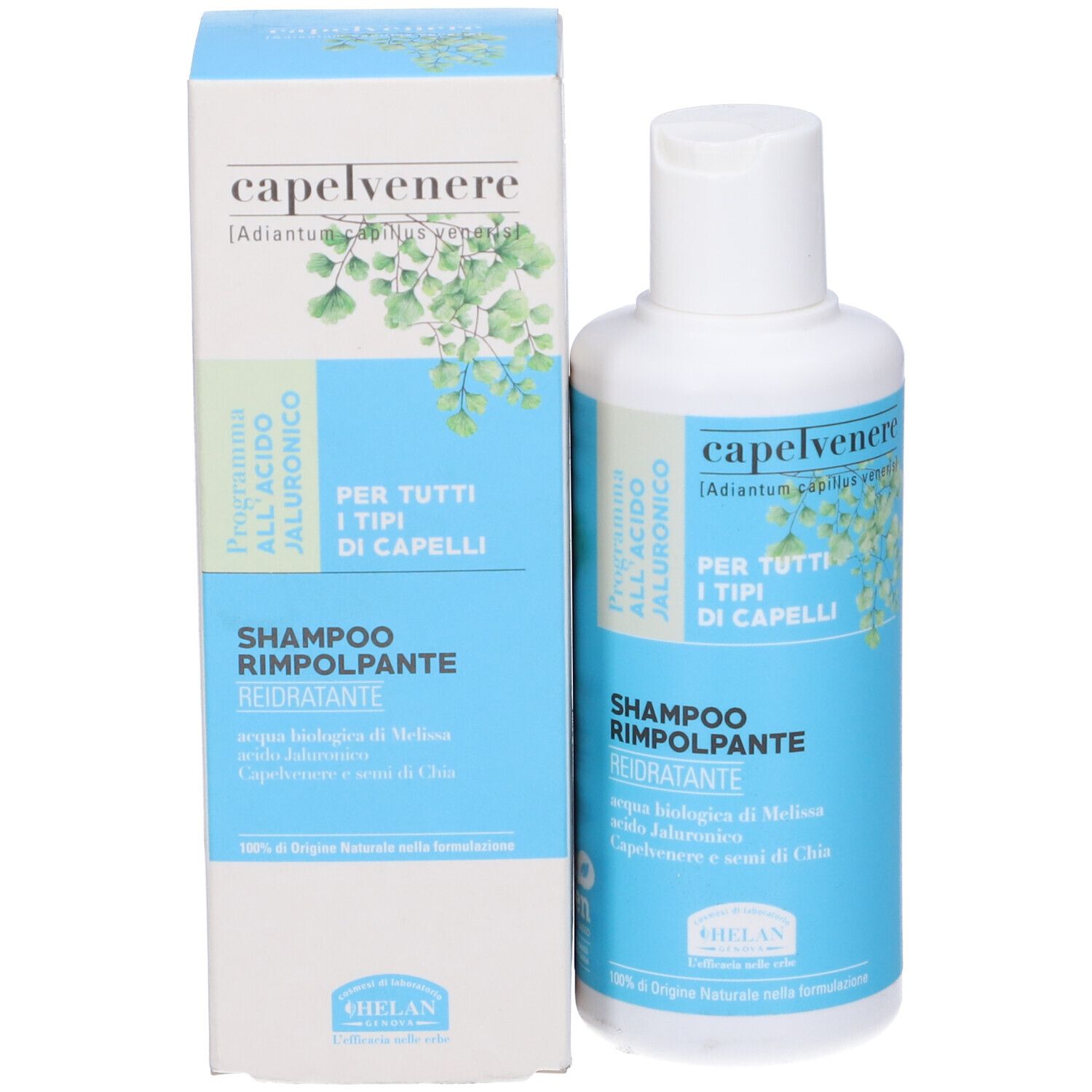 Flacone e confezione Capelvenere Bioshampoo Rimpolpante. Design blu e bianco. Testo: Bioshampoo, Acido Ialuronico.