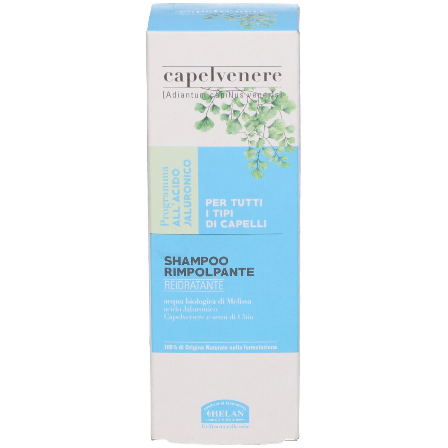Confezione Capelvenere Bioshampoo Rimpolpante. Design blu e bianco. Testo: Shampoo Rimpolpante, Acido Ialuronico.