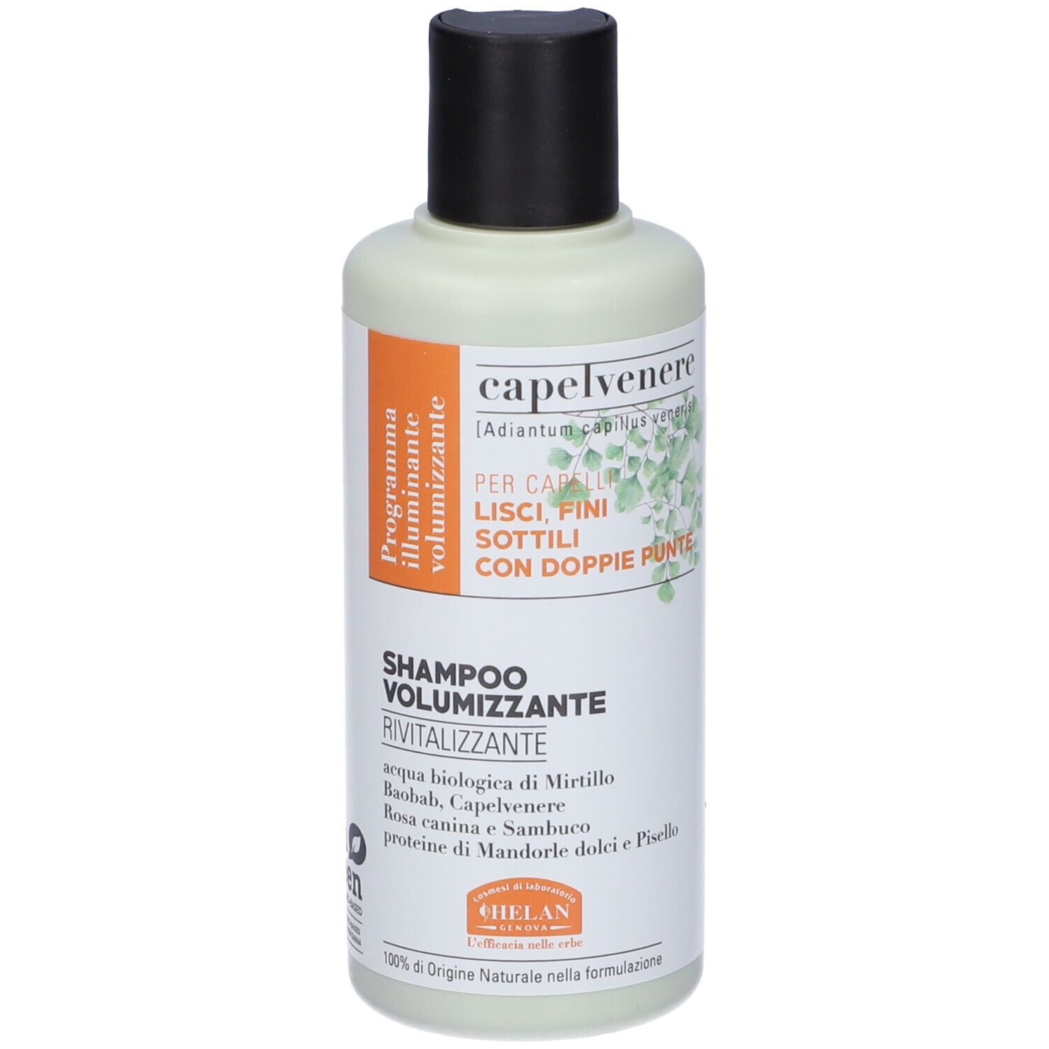 Capelvenere Bioshampoo Volumizzante, flacone. Etichetta verde e bianca. Tappo nero. Testo: Shampoo Volumizzante.