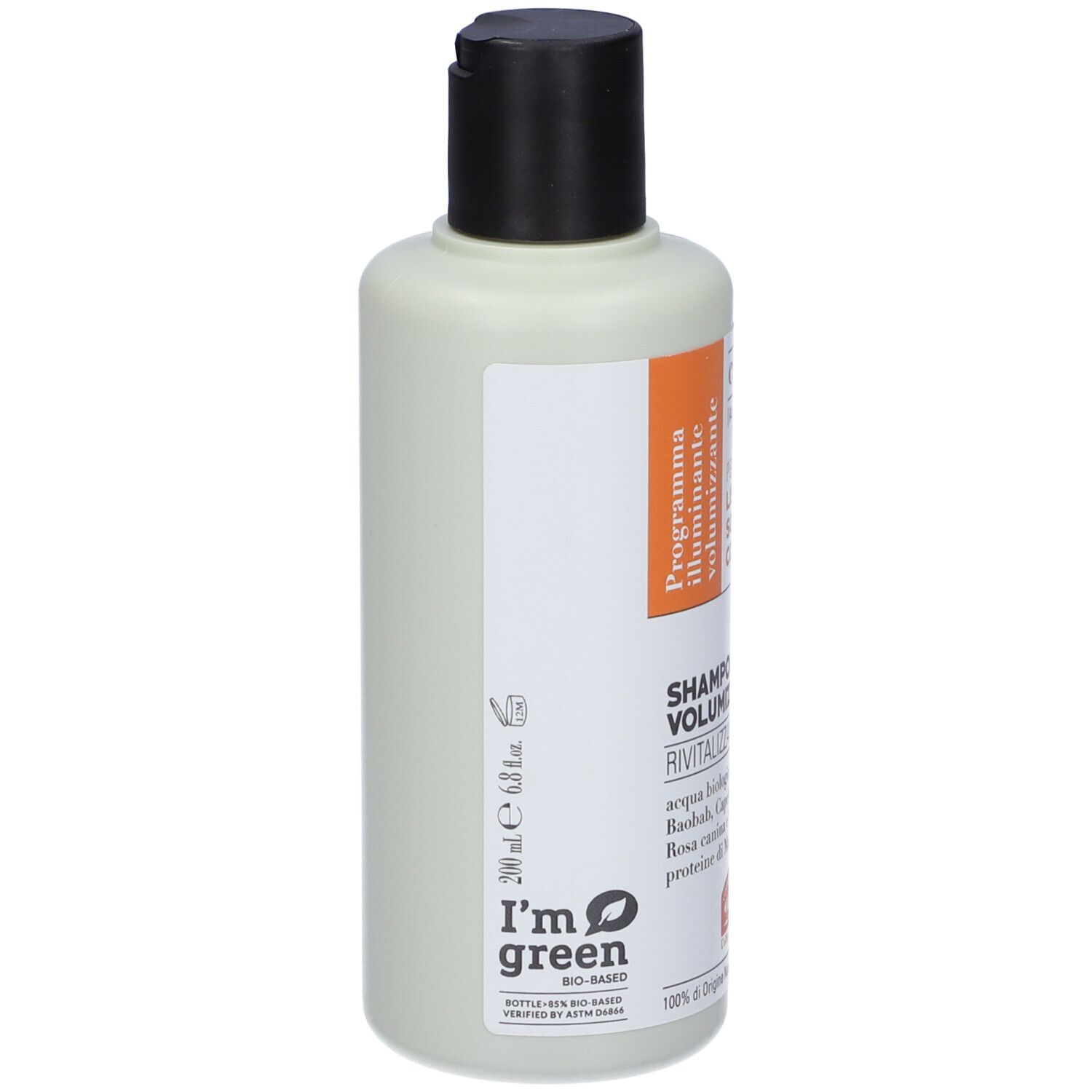 Capelvenere Bioshampoo Volumizzante, flacone. Etichetta verde e bianca. Tappo nero. Testo: Shampoo Volumizzante.