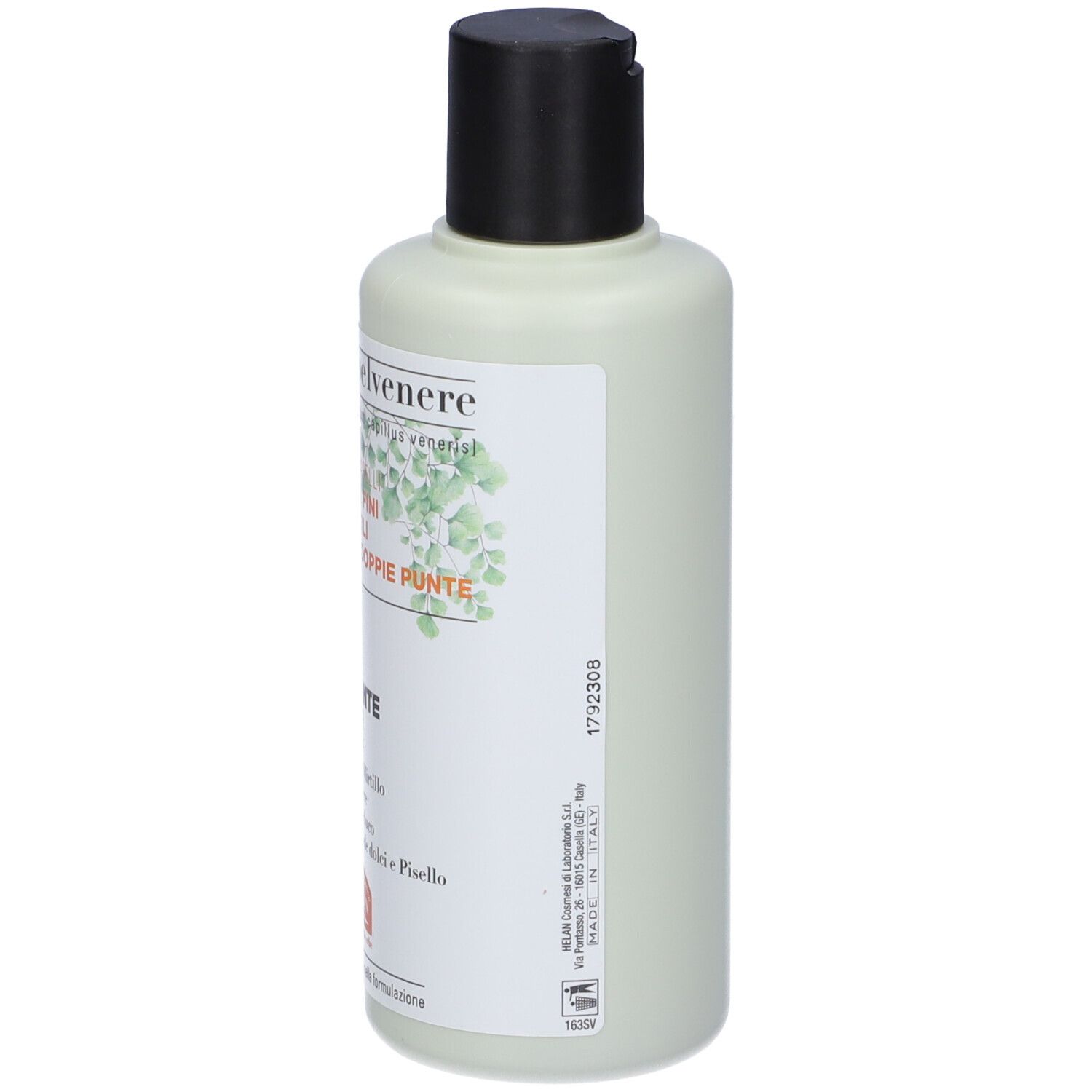Capelvenere Bioshampoo Volumizzante, flacone. Etichetta verde e bianca. Tappo nero. Testo: Shampoo Volumizzante.