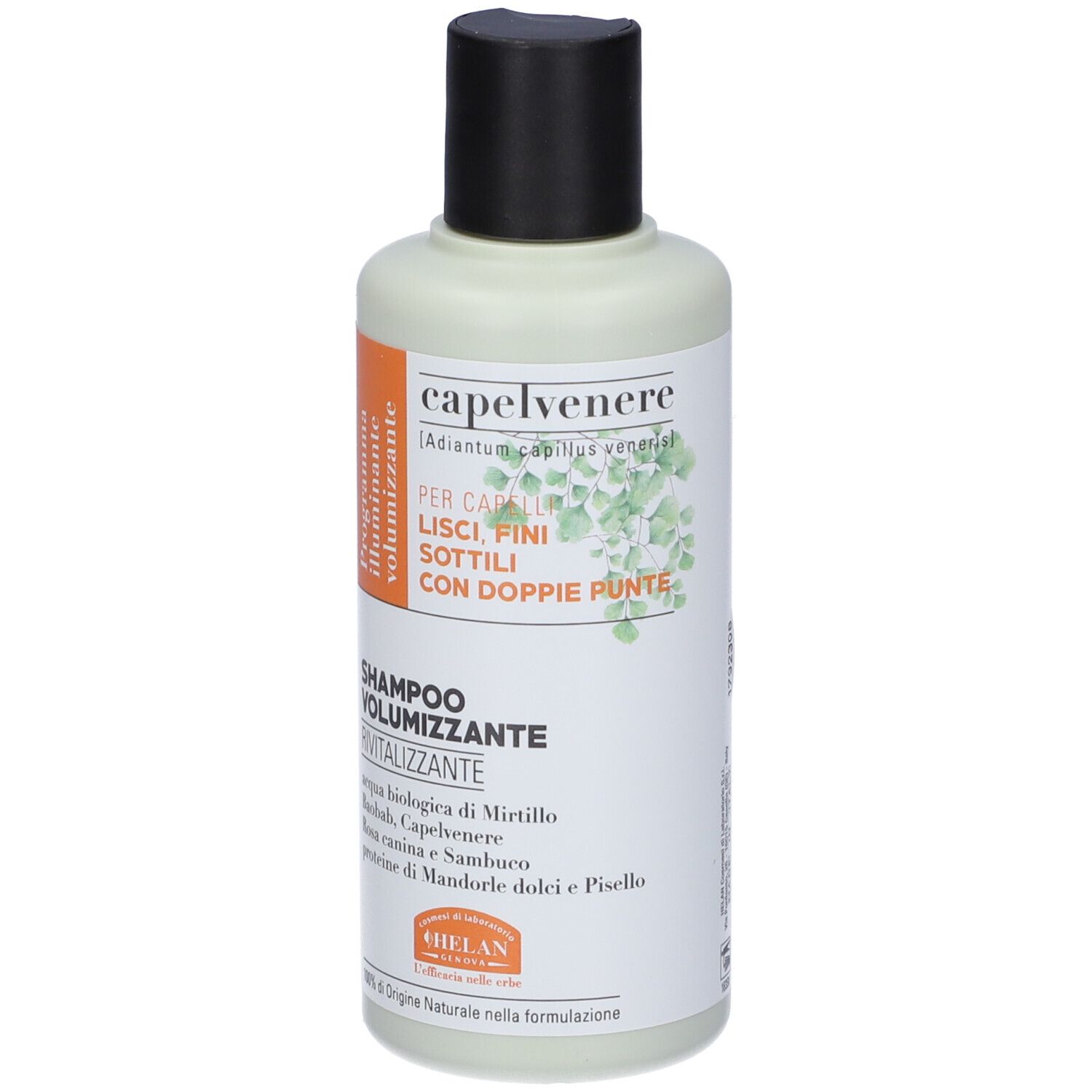 Capelvenere Bioshampoo Volumizzante, flacone. Etichetta verde e bianca. Tappo nero. Testo: Shampoo Volumizzante.