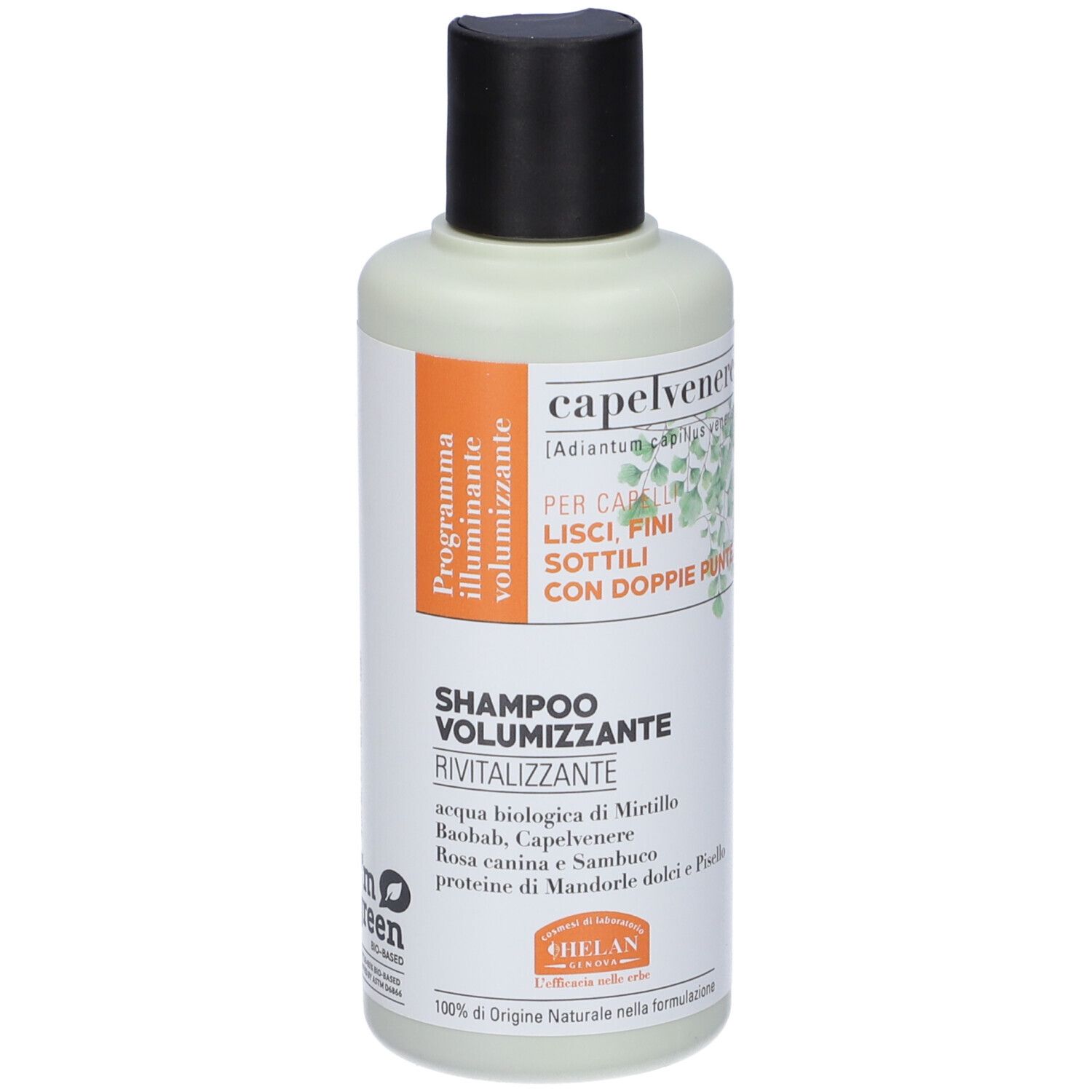 Capelvenere Bioshampoo Volumizzante, flacone. Etichetta verde e bianca. Tappo nero. Testo: Shampoo Volumizzante.