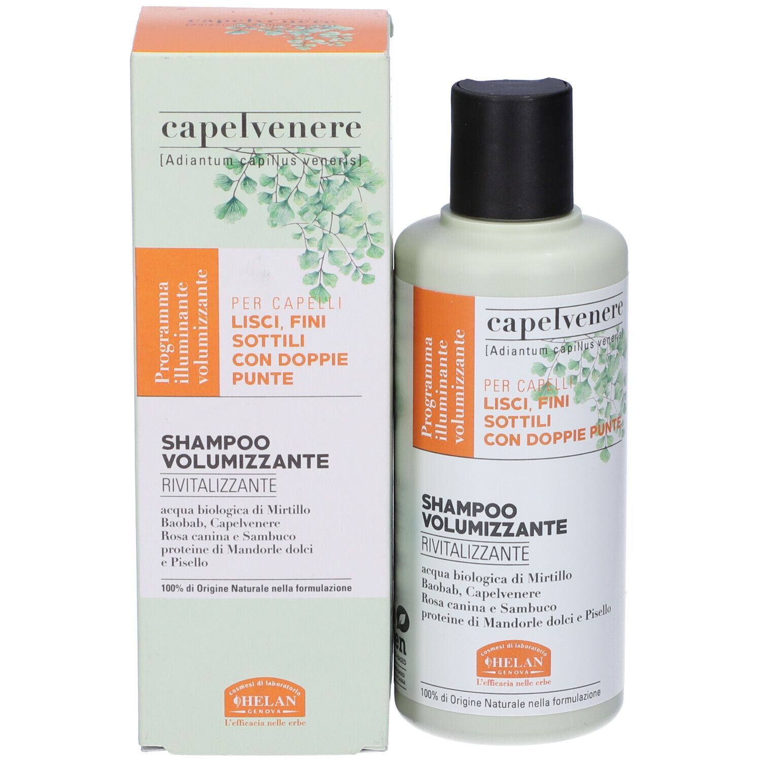 Capelvenere Bioshampoo Volumizzante, flacone e confezione. Design verde-arancio. Testo: Bioshampoo Volumizzante.