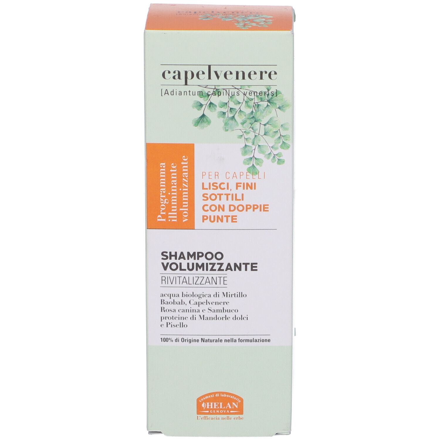Capelvenere Bioshampoo Volumizzante, confezione. Design verde-arancio. Testo: Bioshampoo Volumizzante.