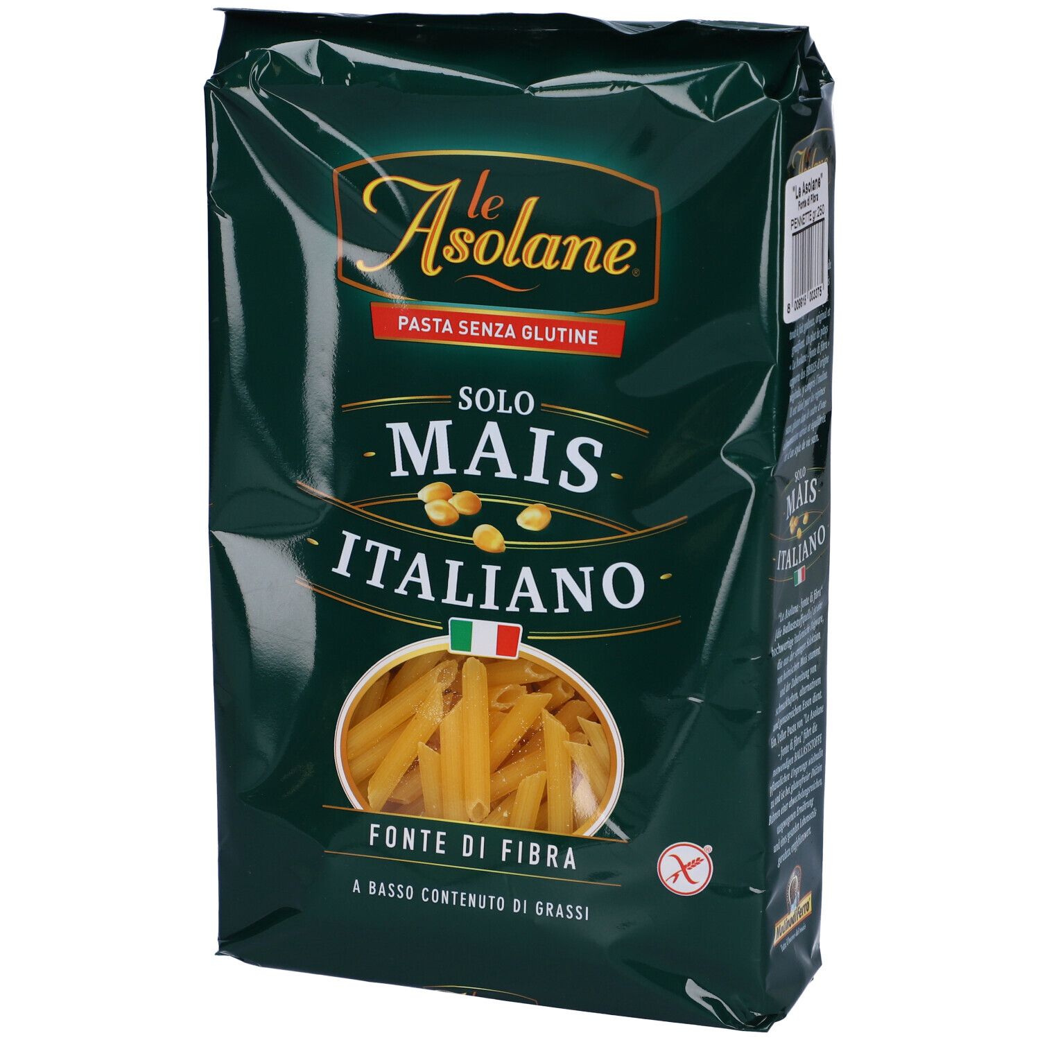 Confezione verde con pasta penne. Marchio: Le Asolane. Testo: Pasta senza glutine, Solo Mais Italiano, Fonte di Fibra.