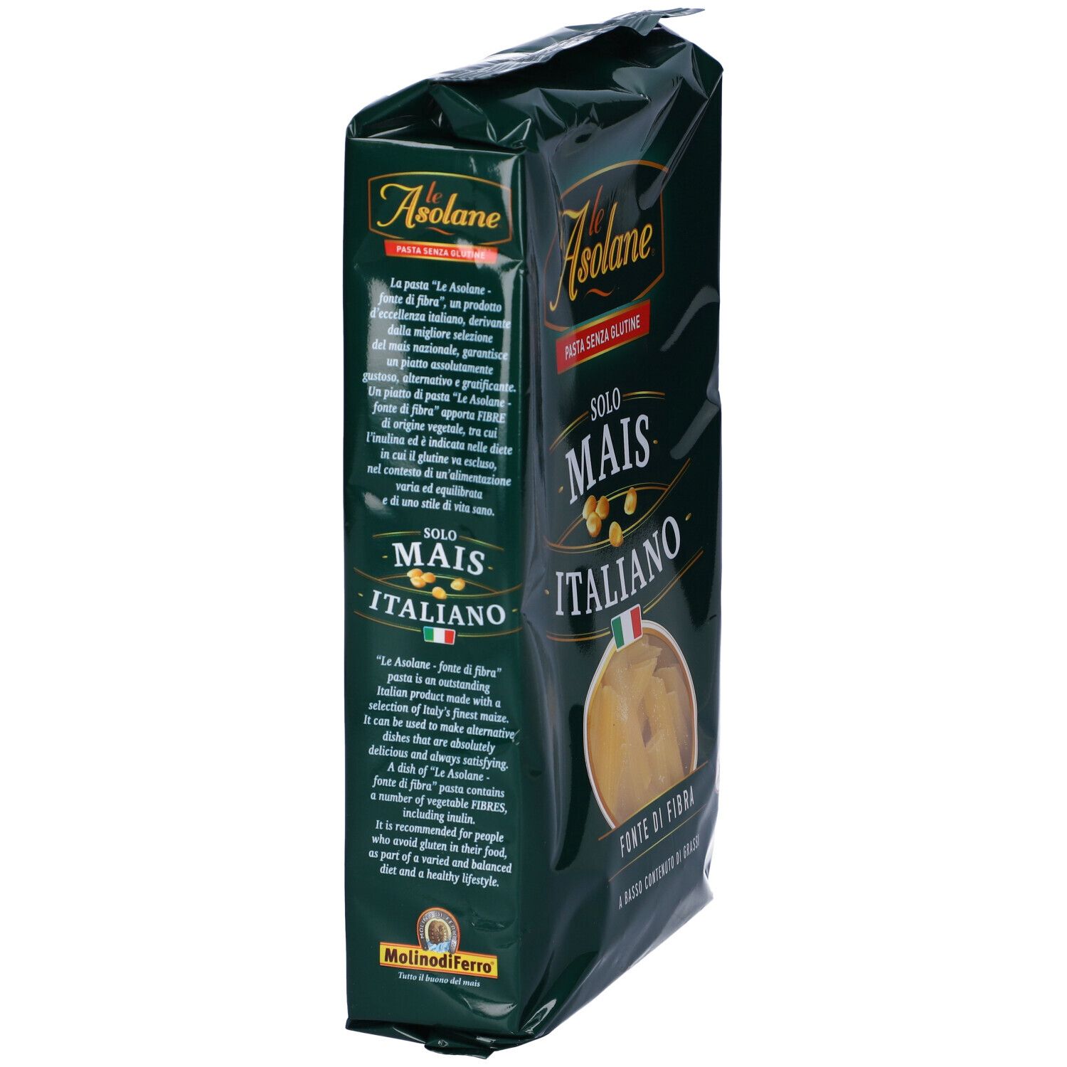 Confezione verde con pasta. Marchio: Le Asolane. Testo: Pasta senza glutine, Solo Mais Italiano, Fonte di Fibra. Vista laterale.