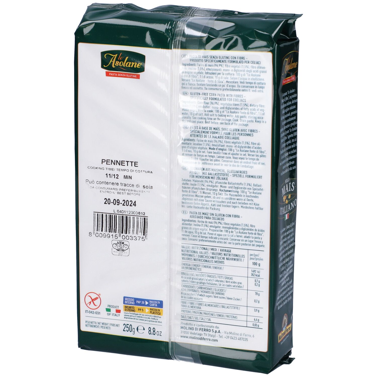 Retro della confezione verde. Testo: Pennette, 11/12 min. Lista ingredienti, informazioni nutrizionali, simbolo senza glutine.