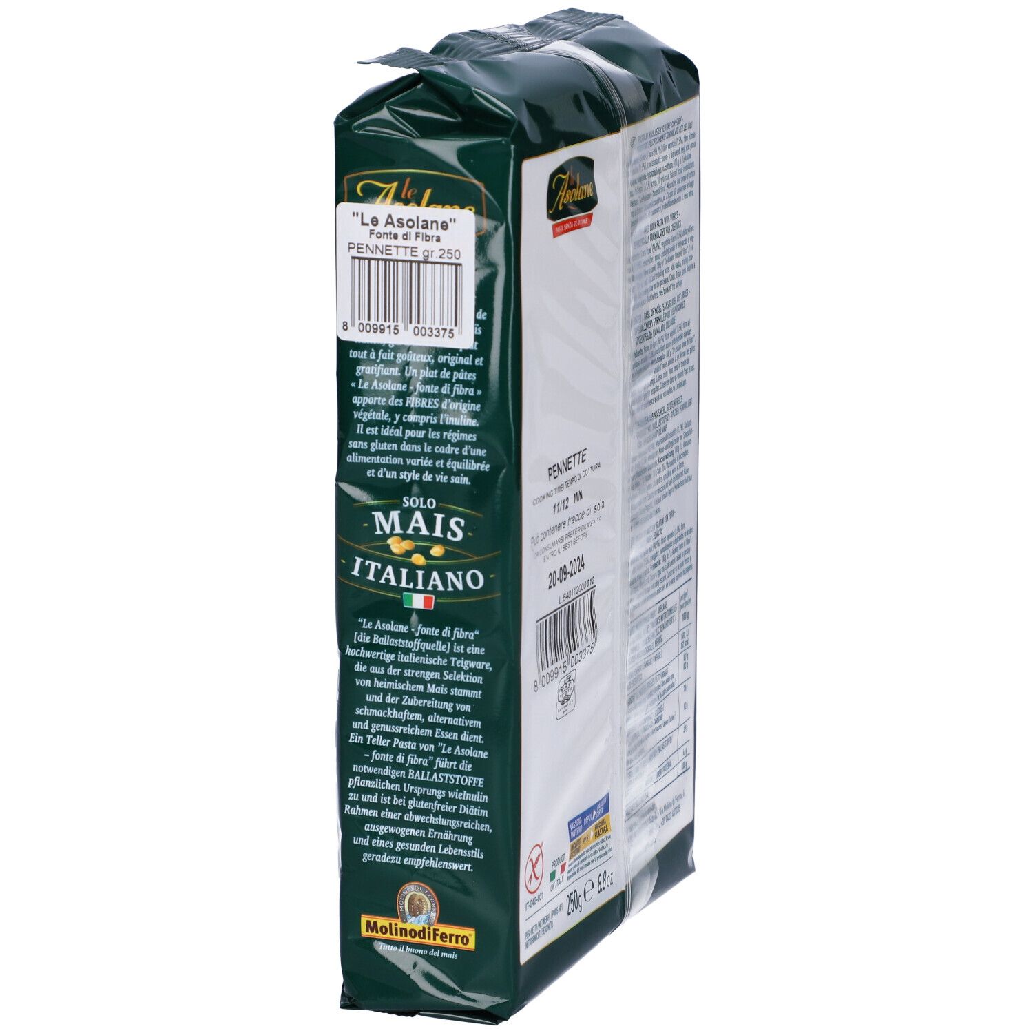 Confezione verde con pasta. Marchio: Le Asolane. Testo: Pasta senza glutine, Solo Mais Italiano, Fonte di Fibra. Vista laterale.