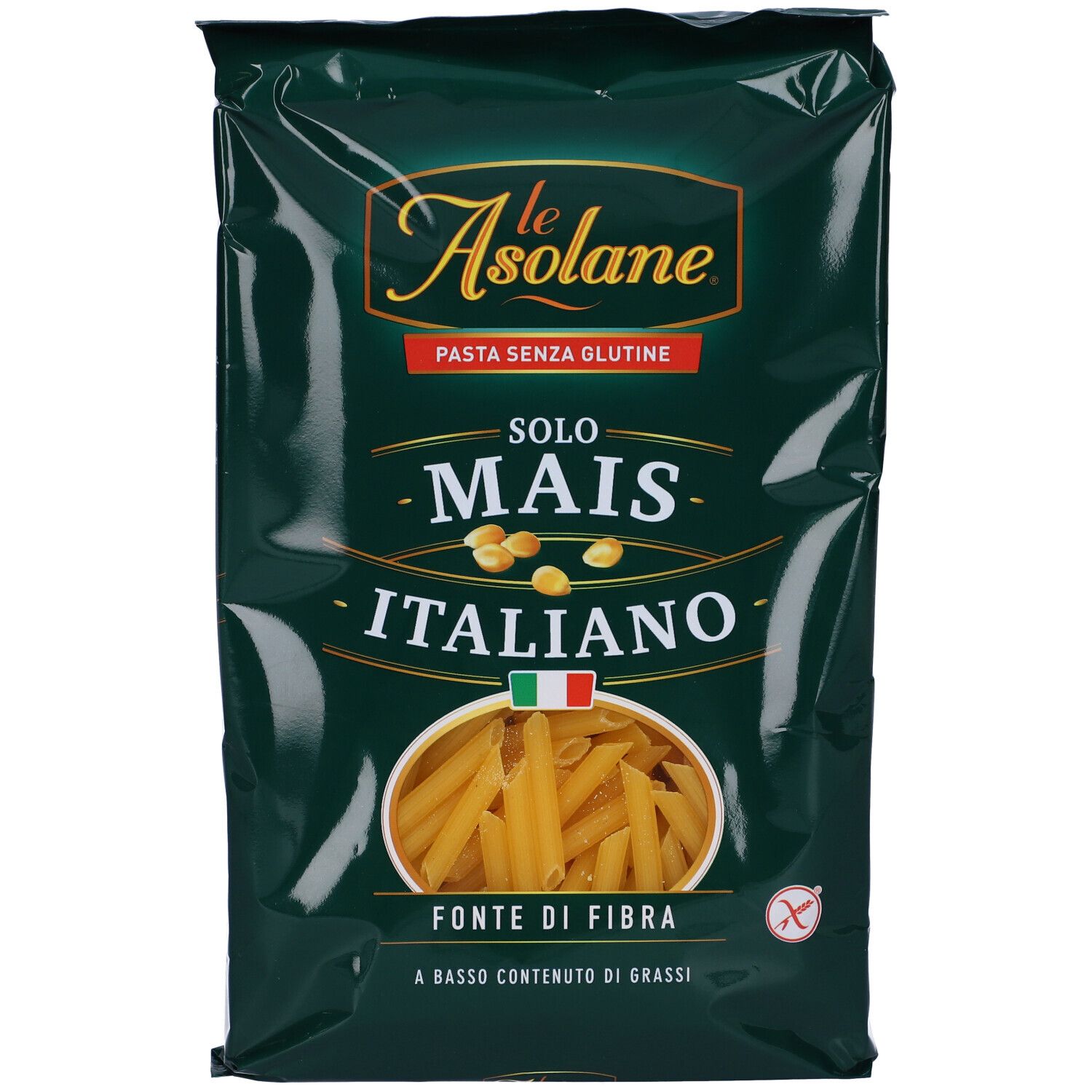 Confezione verde con pasta penne. Marchio: Le Asolane. Testo: Pasta senza glutine, Solo Mais Italiano, Fonte di Fibra.
