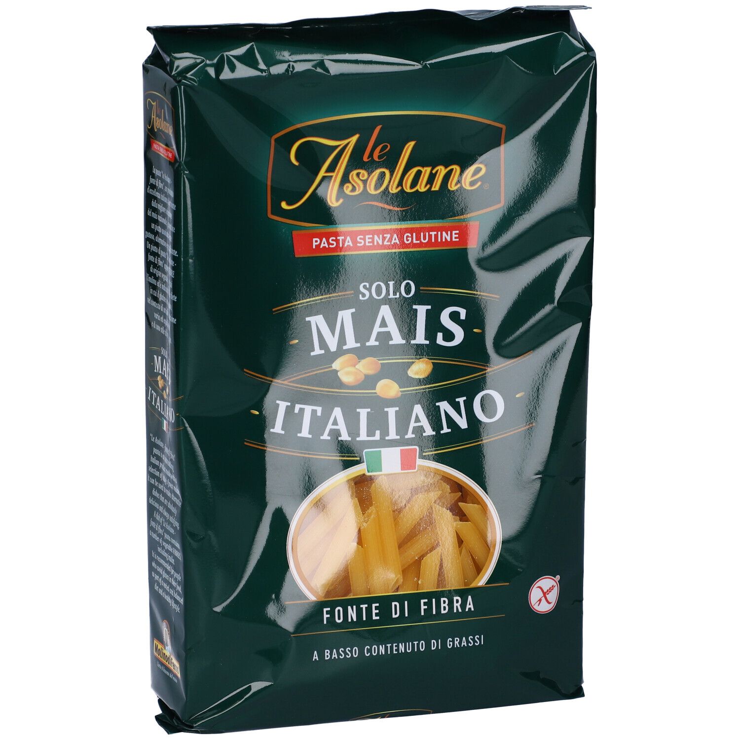Confezione verde con pasta penne. Marchio: Le Asolane. Testo: Pasta senza glutine, Solo Mais Italiano, Fonte di Fibra.