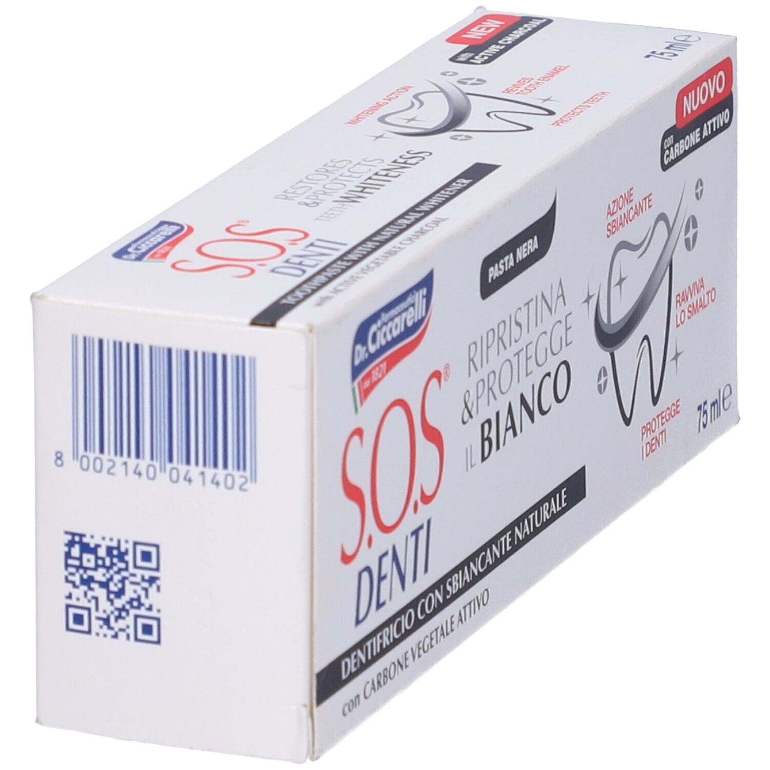 Scatola bianca di dentifricio SOS Denti. Codice a barre e QR code sul lato.