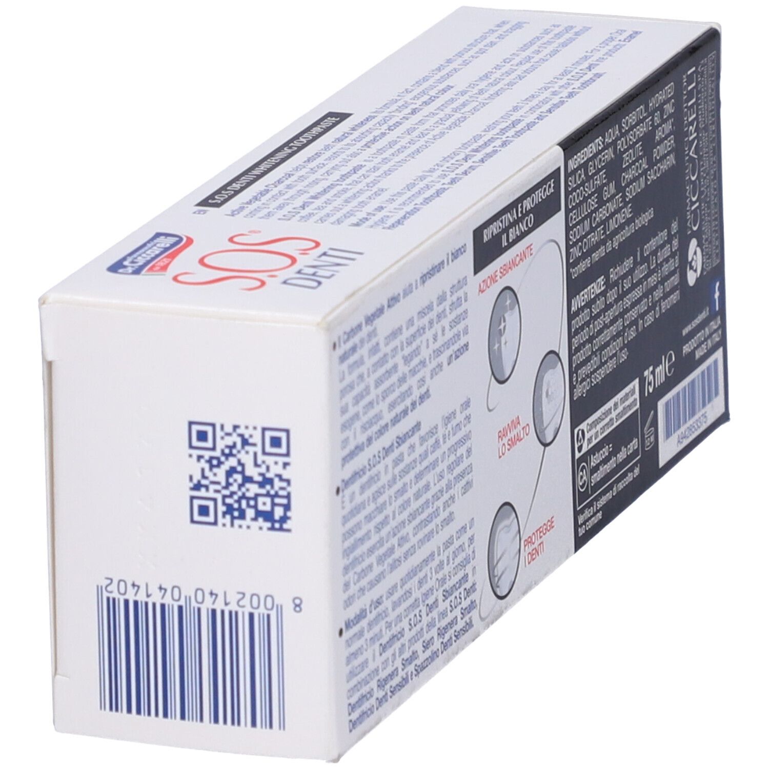 Lato della scatola di dentifricio SOS Denti. Testo in italiano, QR code.