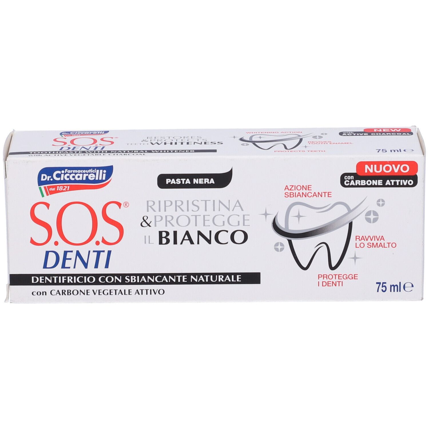 Scatola bianca di dentifricio SOS Denti. Scritta nera, illustrazione dente. 75 ml.