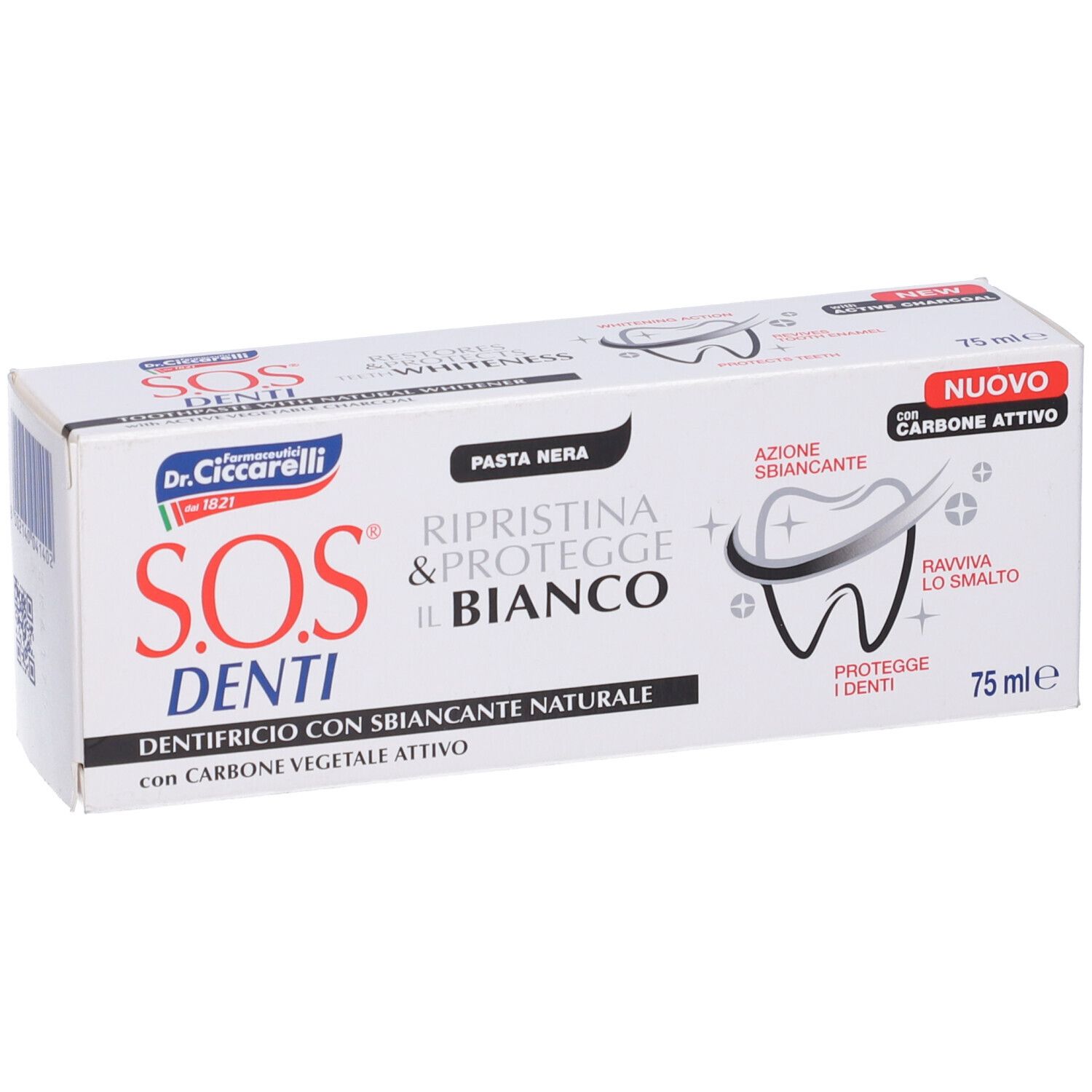 Scatola bianca di dentifricio SOS Denti. Scritta nera, illustrazione dente. 75 ml.