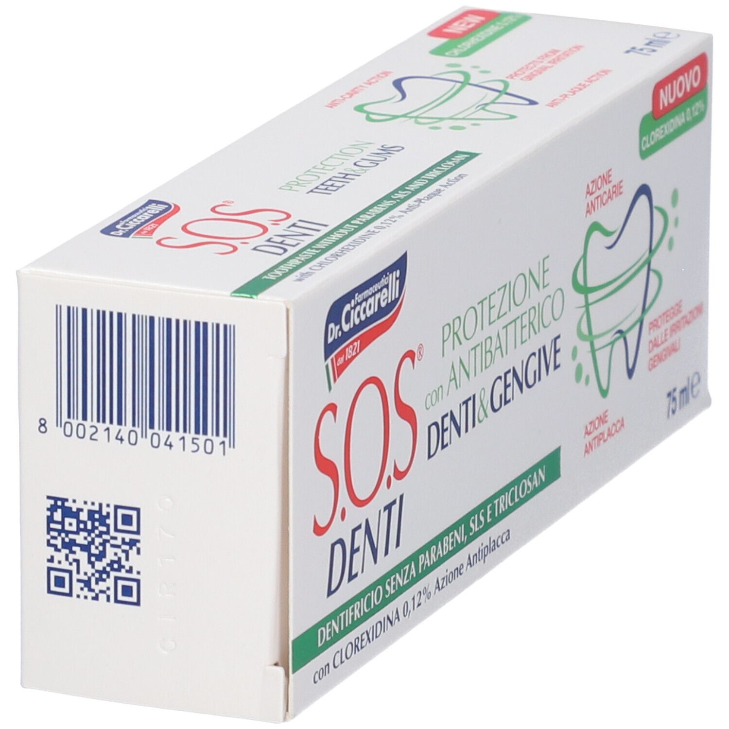 Confezione di dentifricio, angolata. Bianca con accenti verdi e rossi. Testo: S.O.S. Denti, protezione denti e gengive.