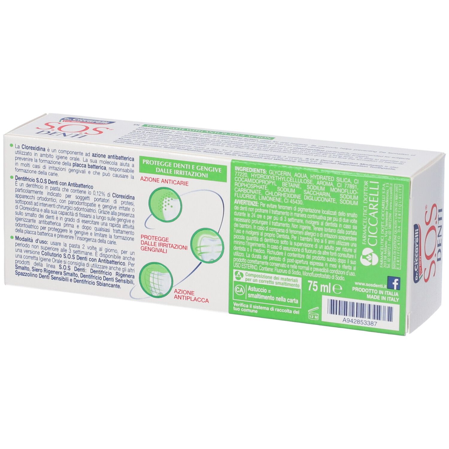 Retro della confezione di dentifricio. Bianco e verde. Testo: Ingredienti, protezione denti e gengive, 75 ml.