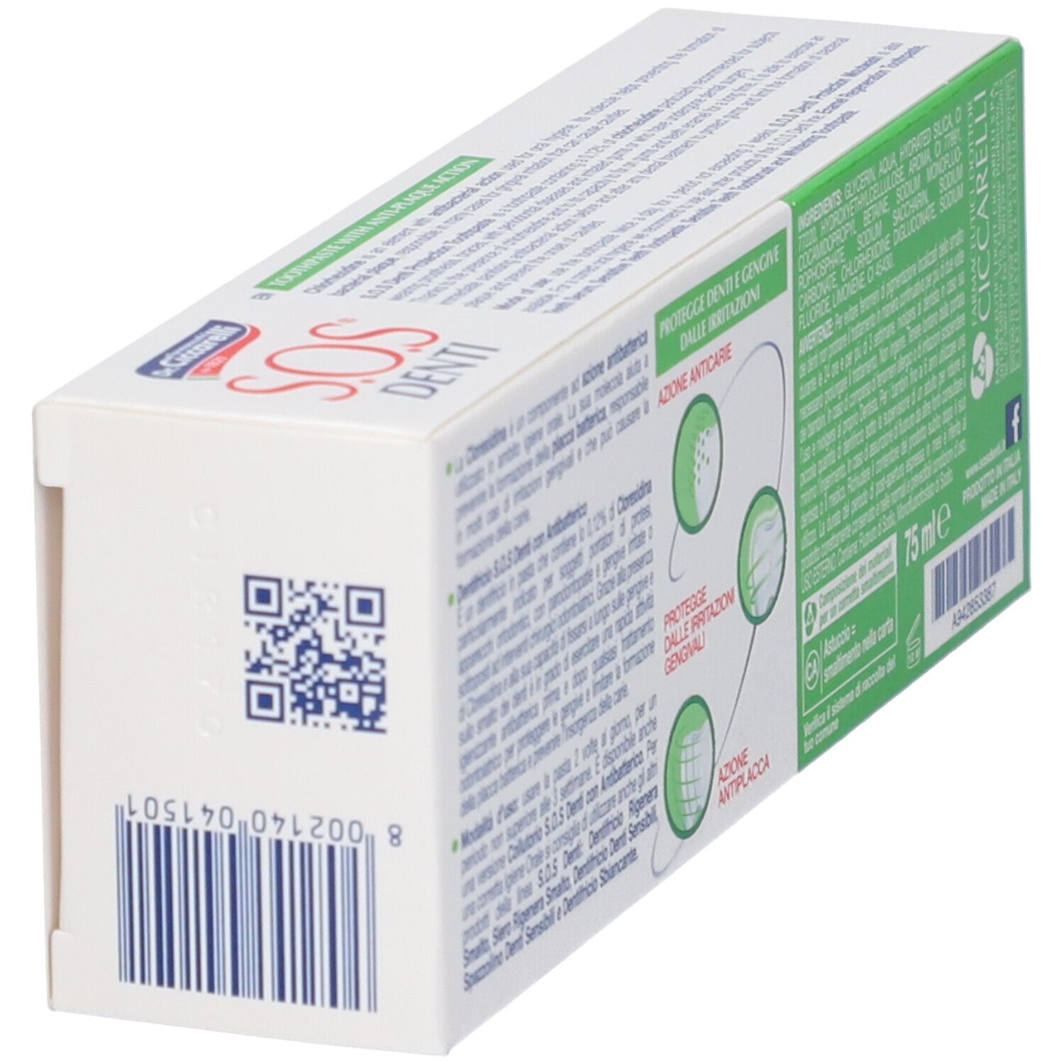 Confezione di dentifricio, angolata. Bianca e verde. Testo: S.O.S. Denti, protezione denti e gengive, codice QR.