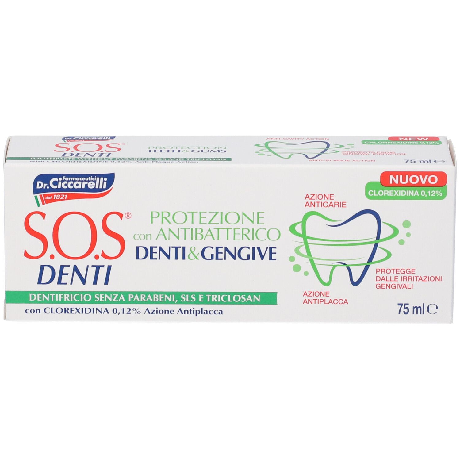 Confezione di dentifricio. Bianca, verde e rossa. Testo: S.O.S. Denti, protezione denti e gengive. 75 ml.