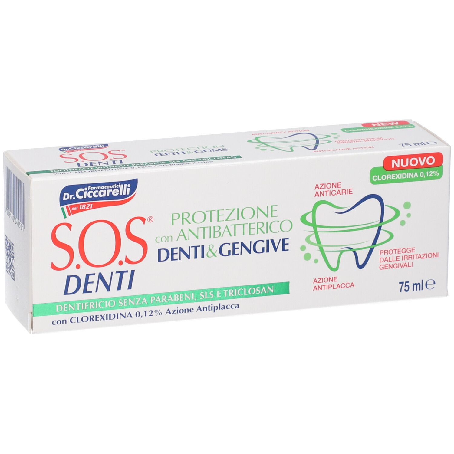 Confezione di dentifricio. Bianca, verde e rossa. Testo: S.O.S. Denti, protezione denti e gengive. 75 ml.