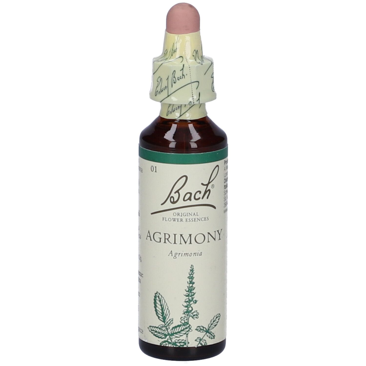 Flacone di vetro marrone con contagocce e sigillo. Etichetta con "Bach" e "Agrimony".